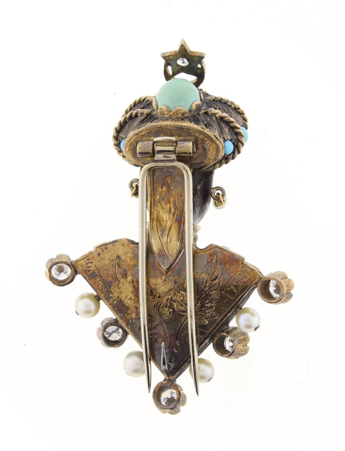 Nardi Turquoise Diamond Silver Gold Blackamoor Brooch For Sale at 1stdibs