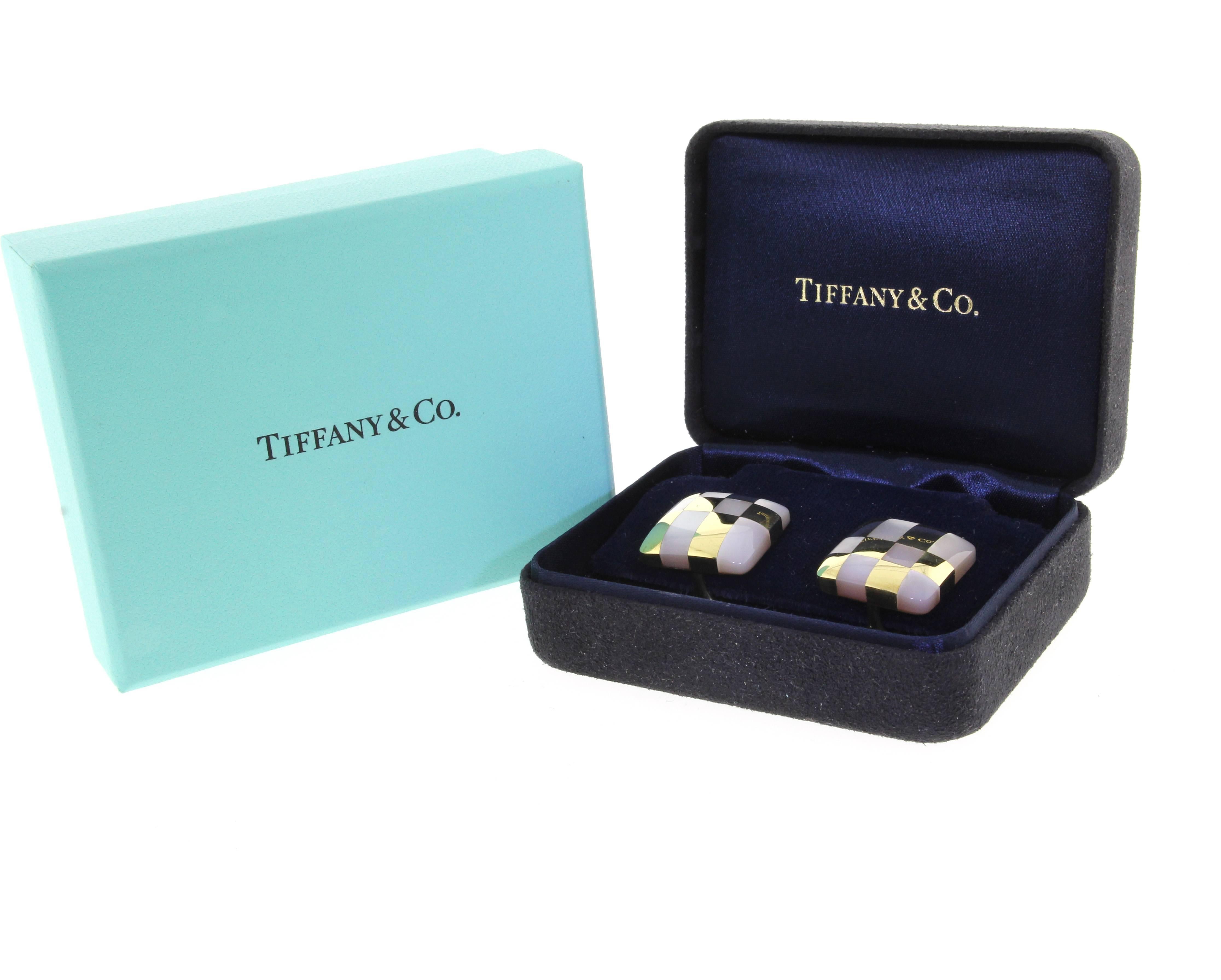 1980s Tiffany & Co. Mother of Pearl Gold Checkerboard Earrings  2