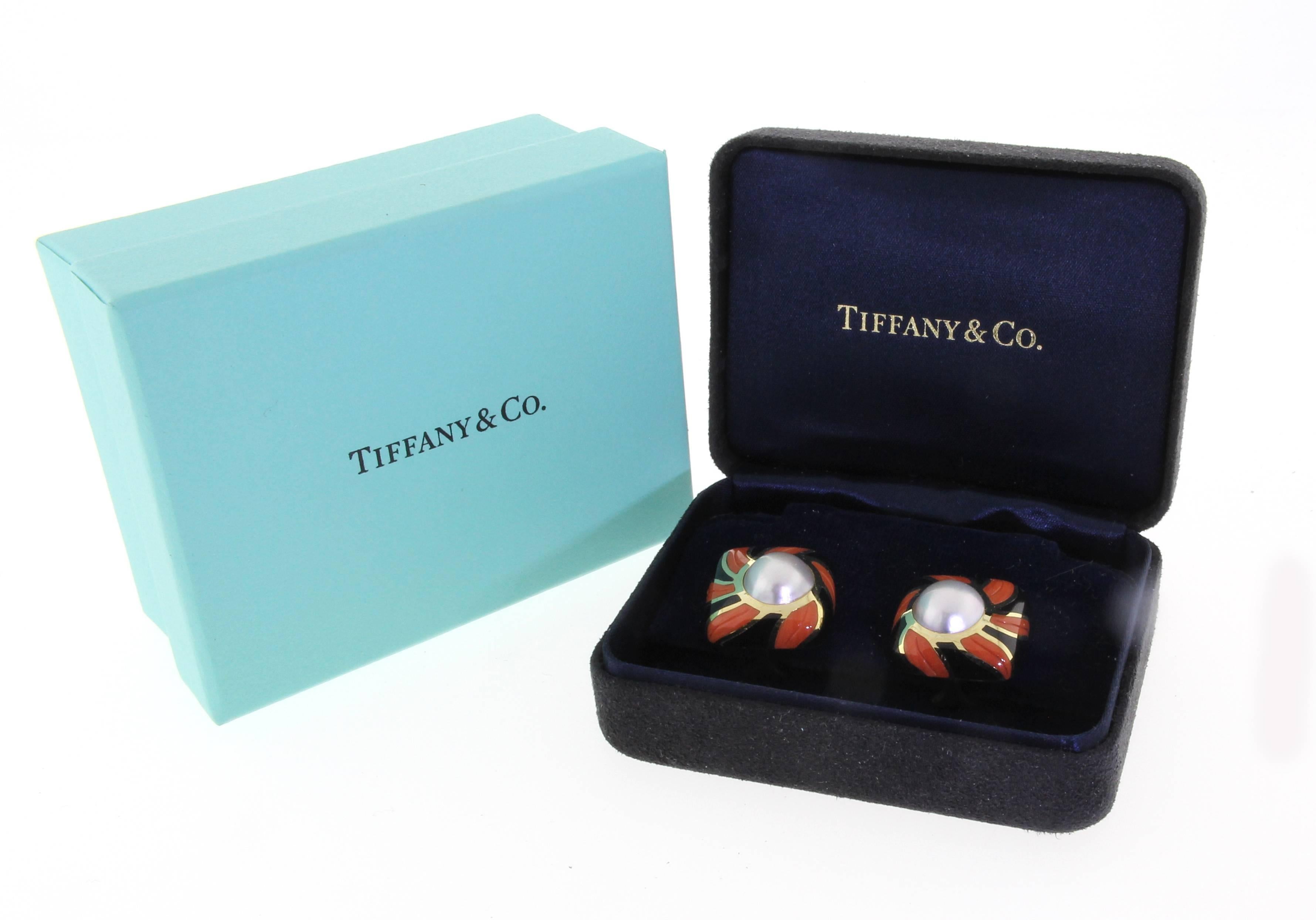 Tiffany & Co. Coral Onyx Pearl Gold Earrings In Excellent Condition For Sale In Bethesda, MD