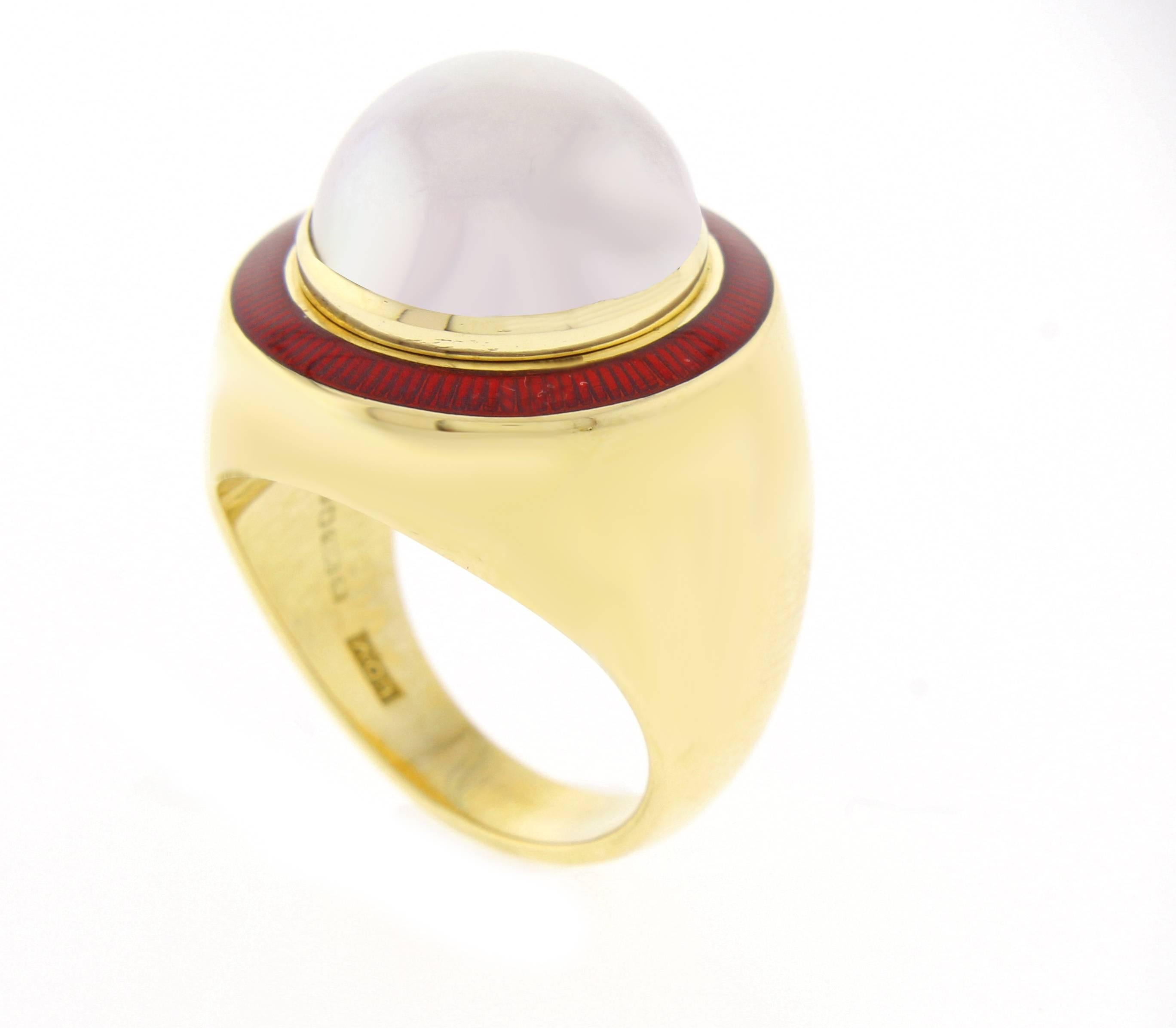 Leo De Vroomen is world renowned for his vividly colored enameling and stunning designs. This ring features a 15mm mabé pear  framed by French red enamel. The 18 karat gold ring bears the official assay mark of London.  Size 7