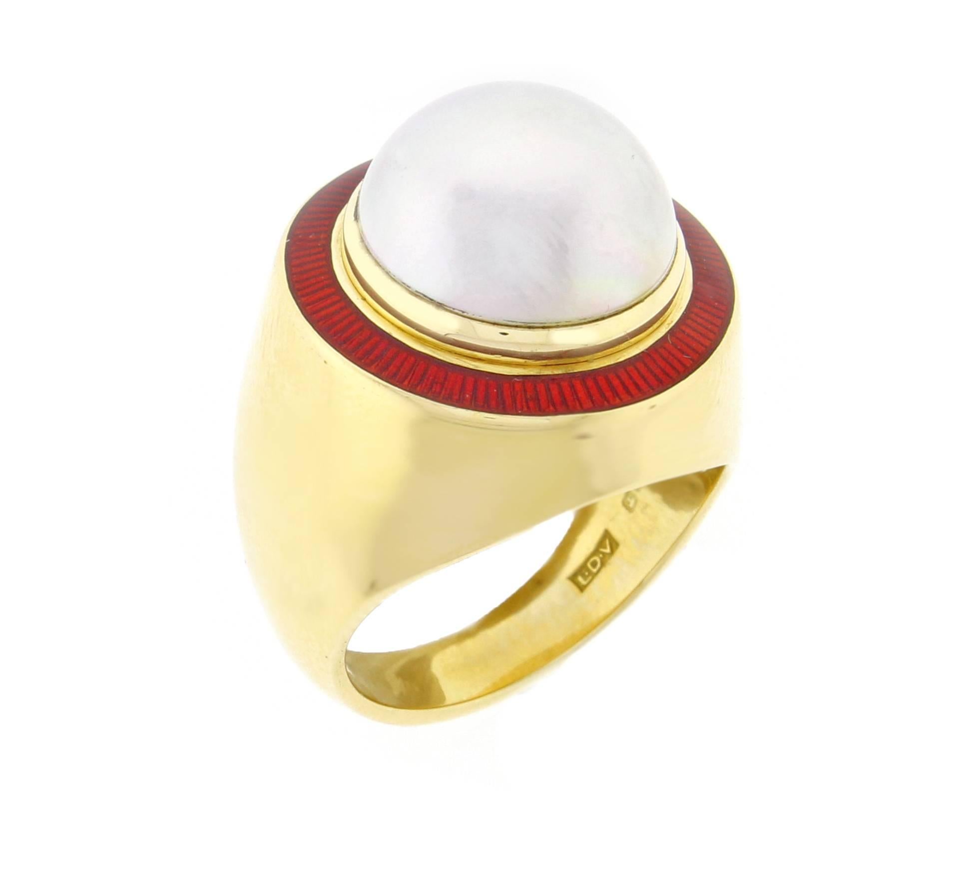 Women's  1980s Leo De Vroomen Mabé Pearl Enamel Gold Ring 