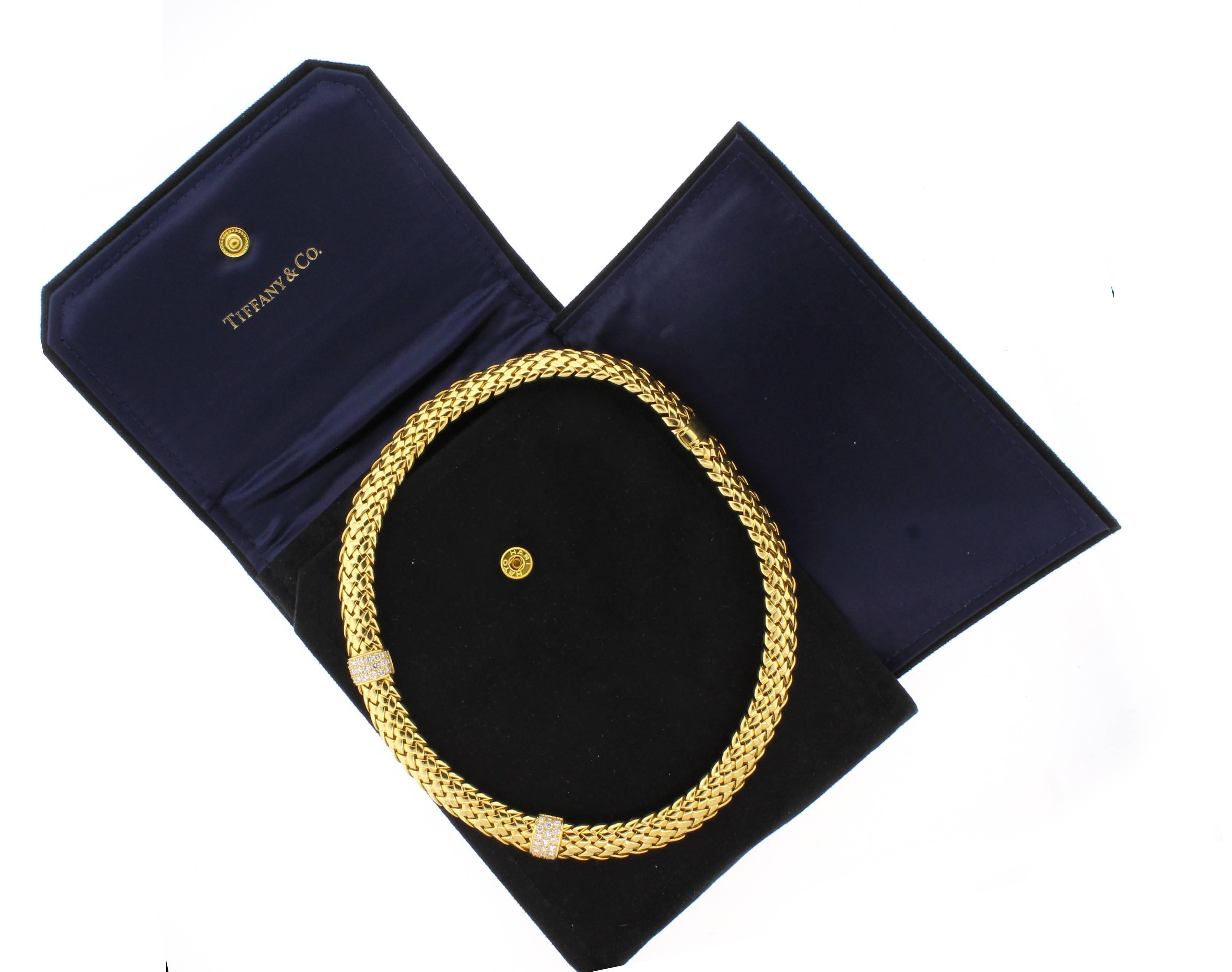 Tiffany & Co. Diamond Yellow Gold Vannerie Necklace In Excellent Condition In Bethesda, MD