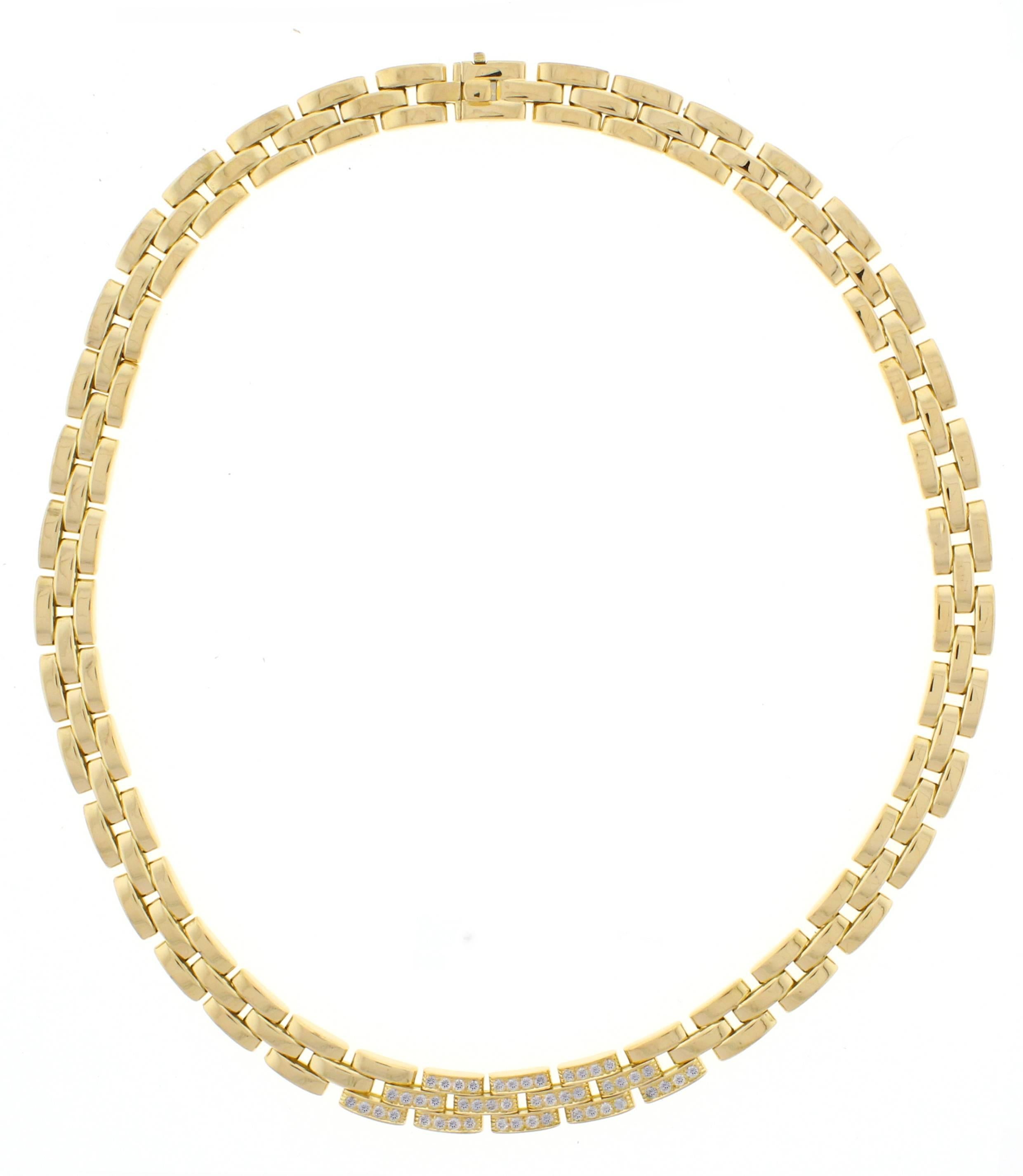 A three row link necklace in 18 karat gold with 48  brilliant diamonds weighing 1.20 carats. The quality and weight of this elegant item is what you would expect from one of the finest jewelry houses in the world, Signed, Cartier #855750 