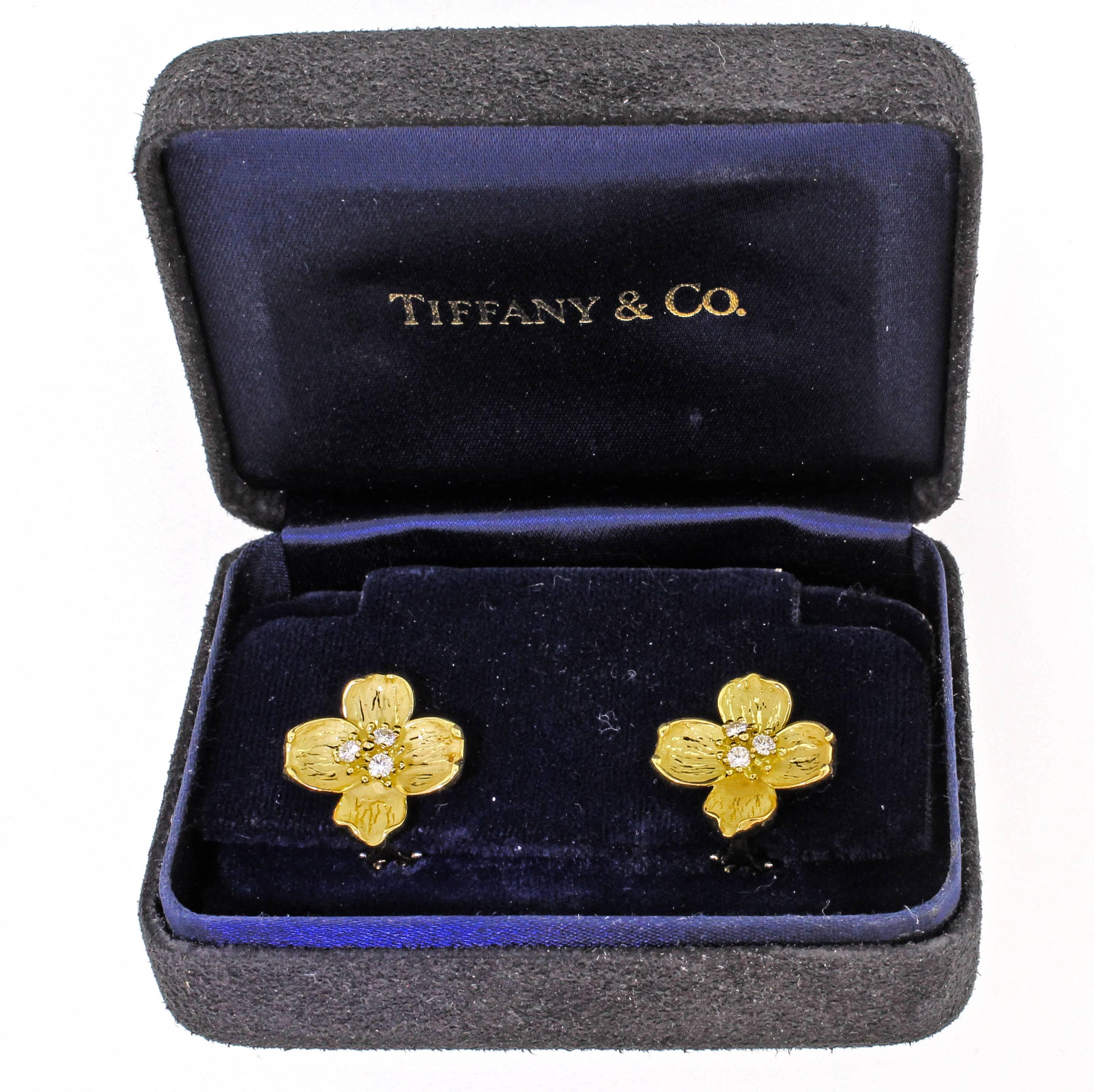 Women's or Men's Tiffany & Co.  Diamond Gold Dogwood Motif Earrings