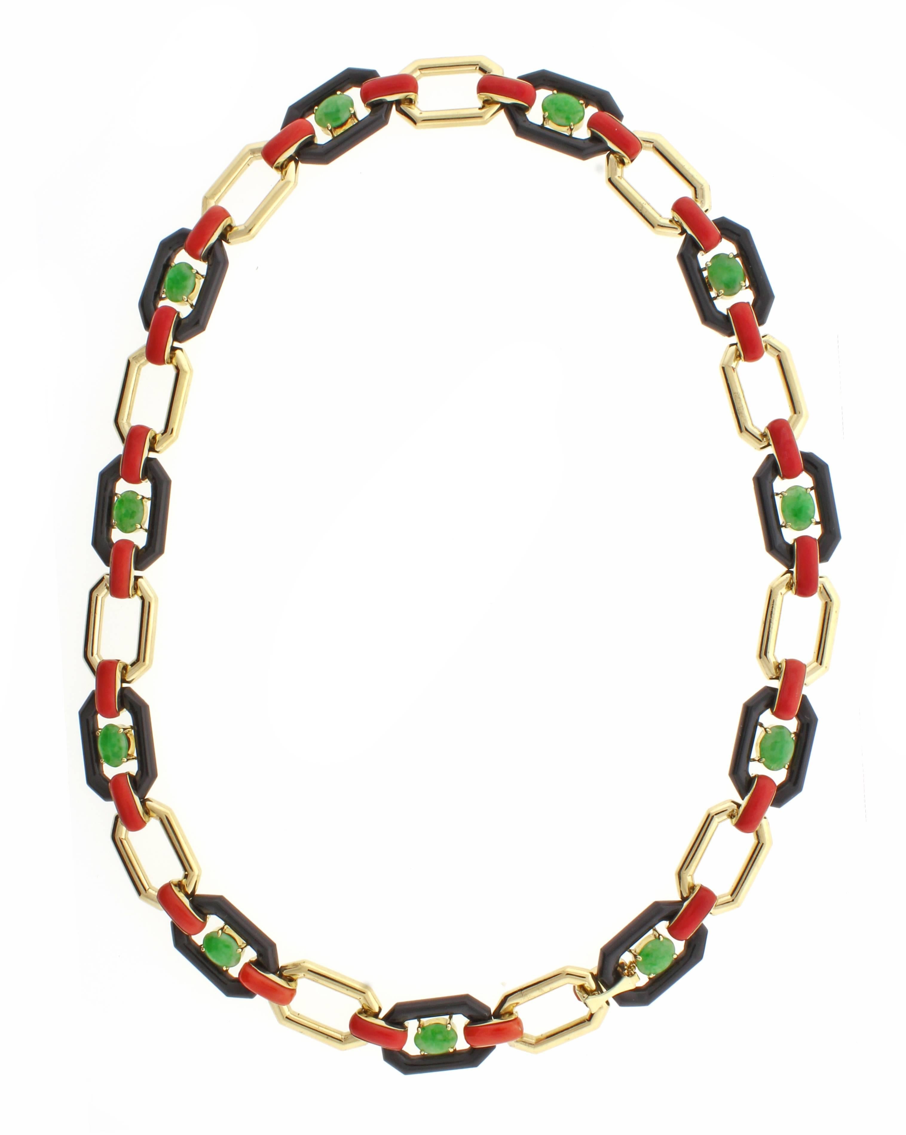 Art Deco Jade Onyx Coral Gold Necklace Bracelet Combination In Good Condition In Bethesda, MD