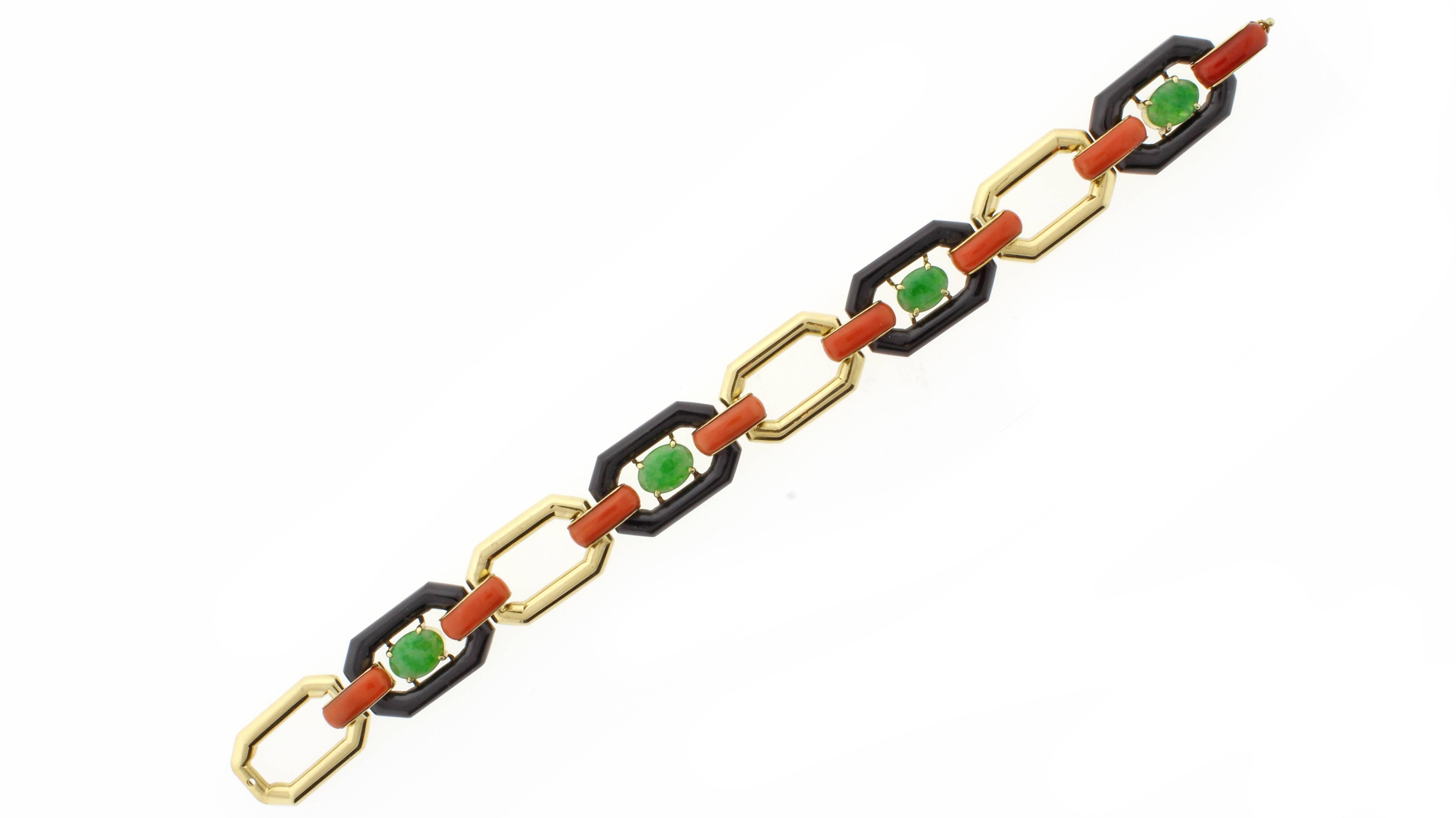Women's or Men's Art Deco Jade Onyx Coral Gold Necklace Bracelet Combination