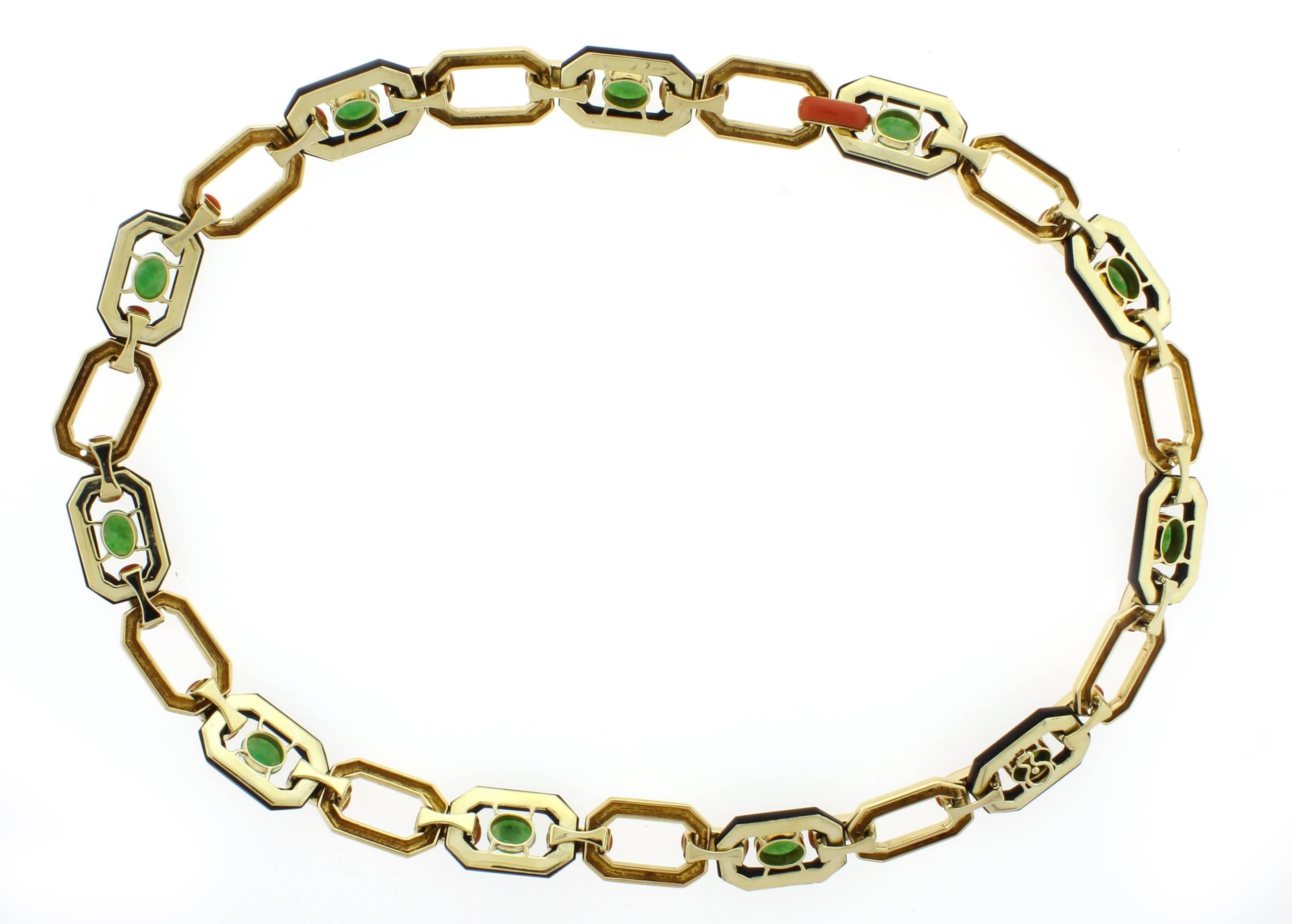 Art Deco Jade Onyx Coral Gold Necklace Bracelet Combination 1