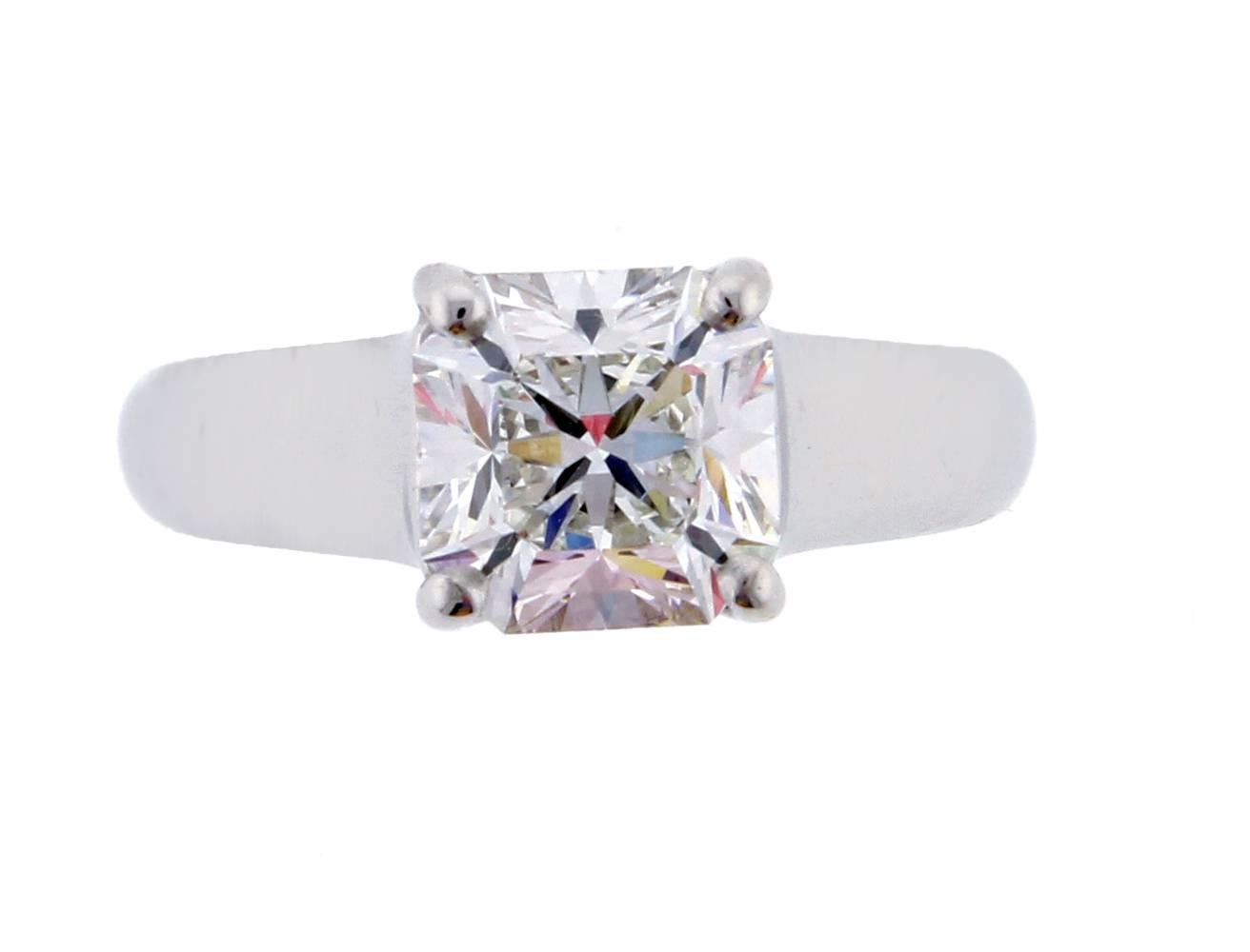 Tiffany’s Lucida® diamond ring with its wide corners and dazzling brilliance makes a stunning presentation. The diamond 1.90 carat mixed cut corner square diamond is G  color and VS1 clarity. Set in platinum, polished like new. Size 5 .75 adjustable