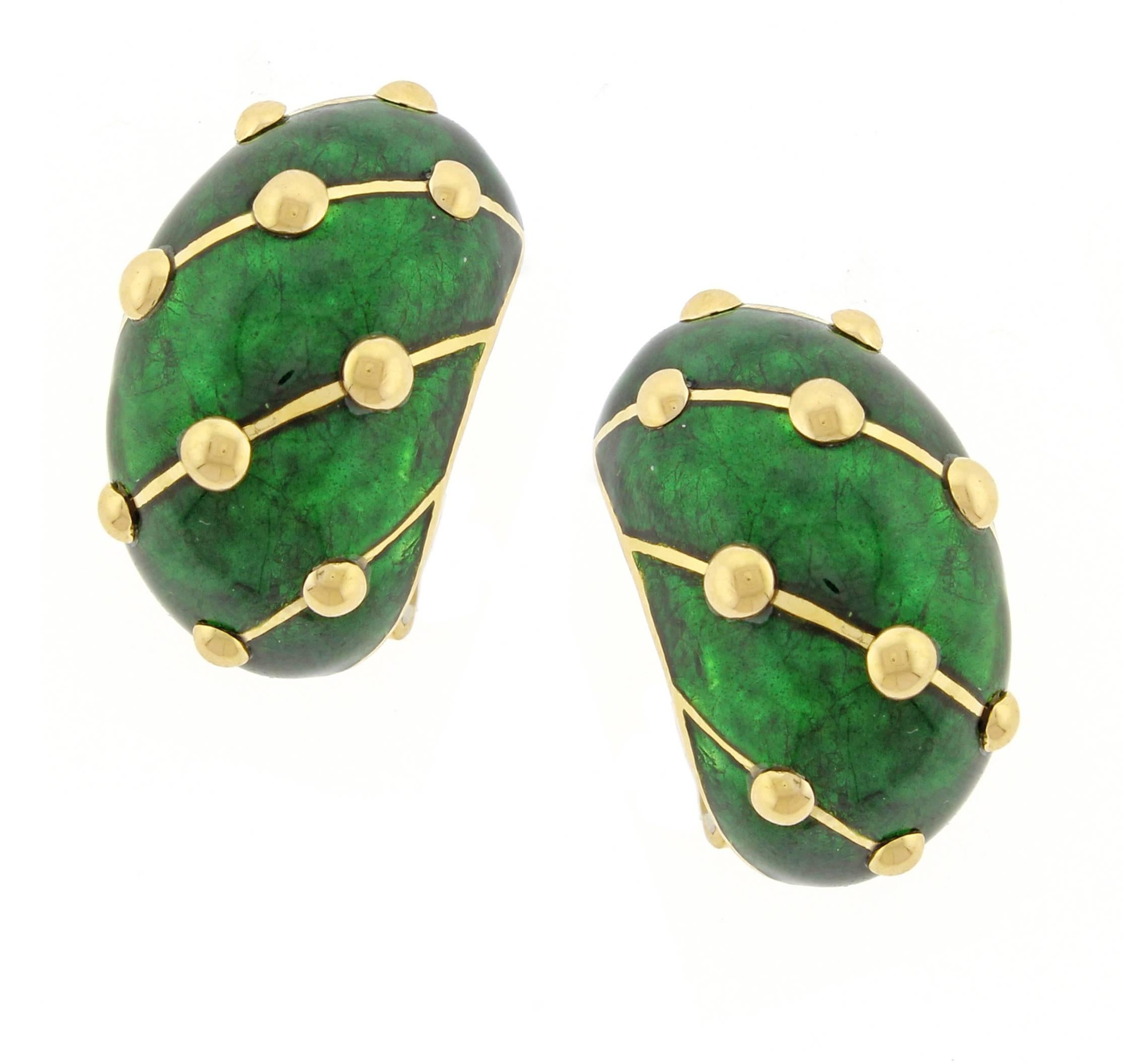 Schlumberger for Tiffany & Co. Green Enamel Paillonne Earclips In Excellent Condition In Bethesda, MD