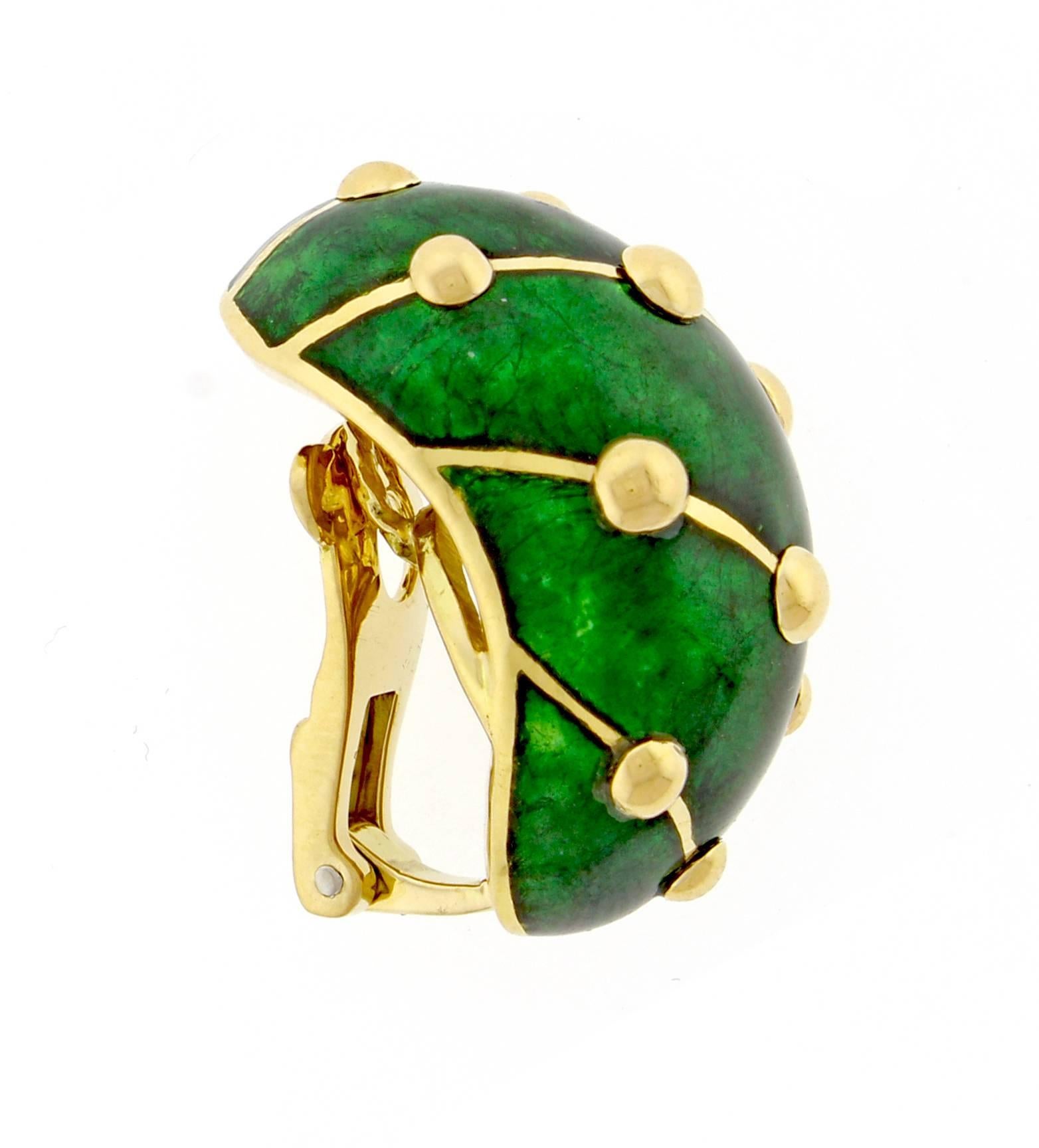 Schlumberger for Tiffany & Co. Green Enamel Paillonne Earclips 1