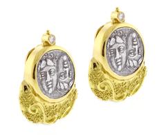 Elizabeth Gage Ancient Coin Diamond Gold Earrings