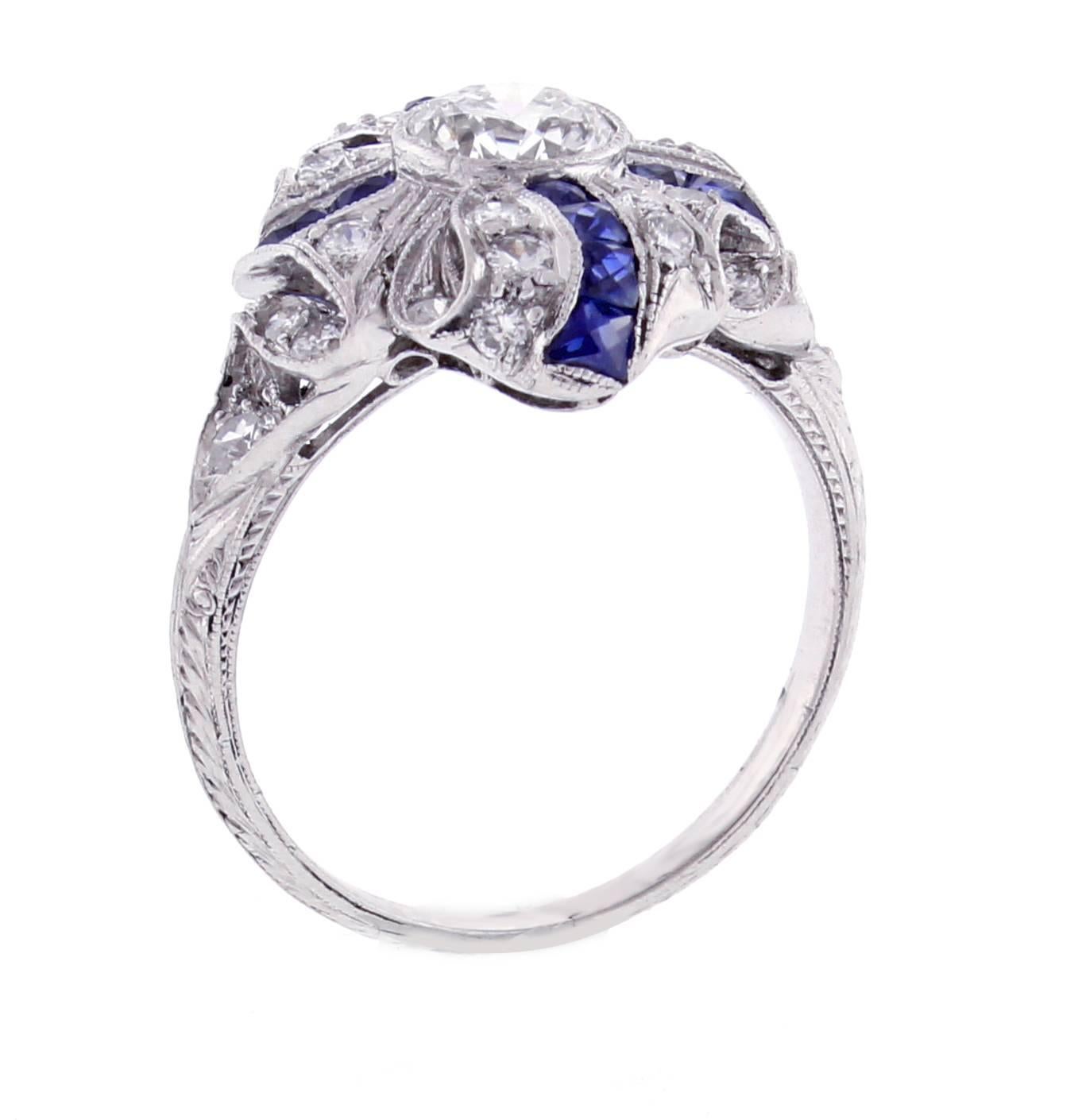 Women's Art Deco Sapphire Diamond Platinum Ring