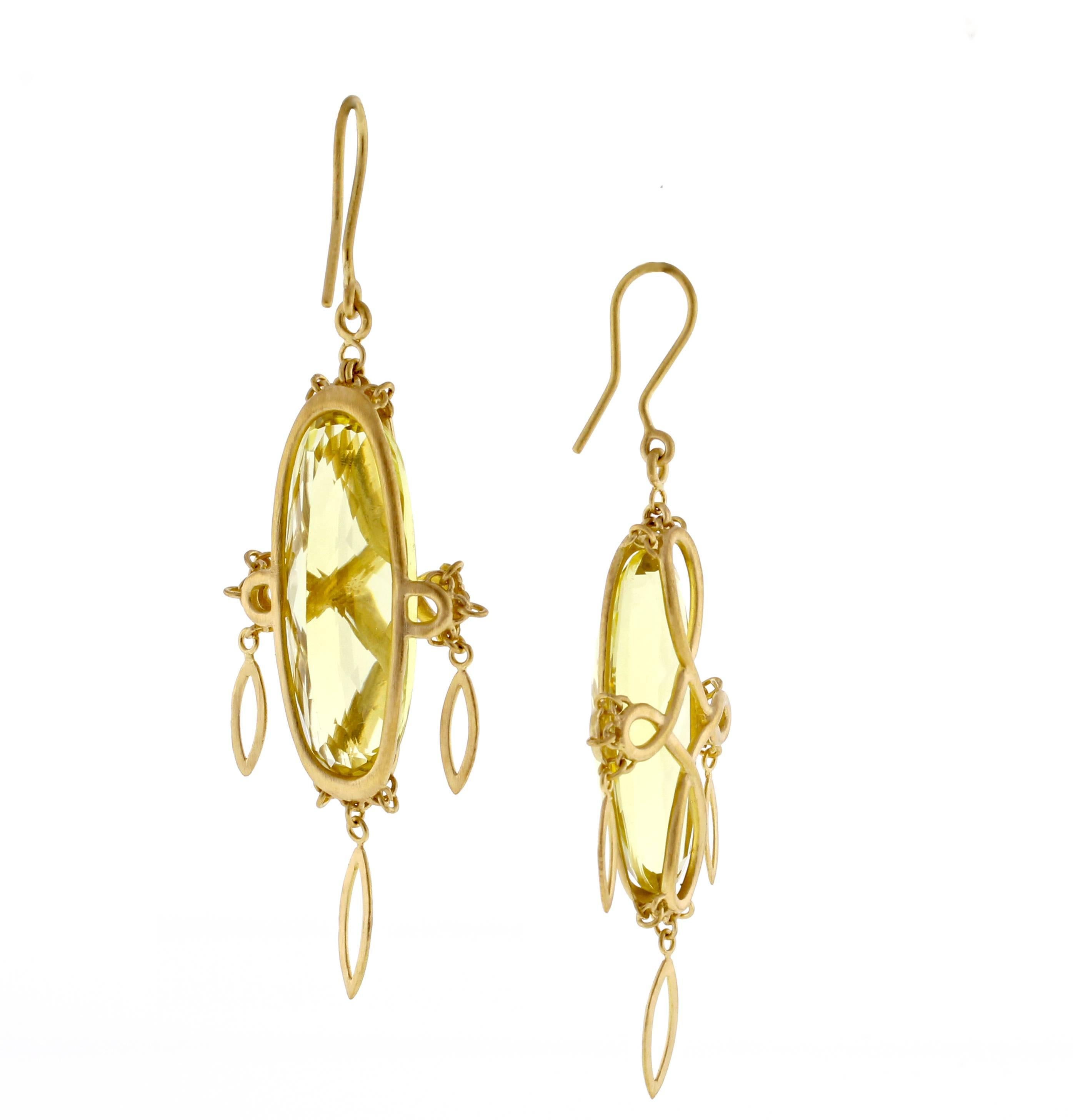 From World-famous jewelry designers Anthony Camargo and Nak Armstrong, these handmade prasiolite drop 18 karat gold earrings. The prasiolite measures 1 1/2 X 1/2 of an inch, over all drop 2 1/4 inches