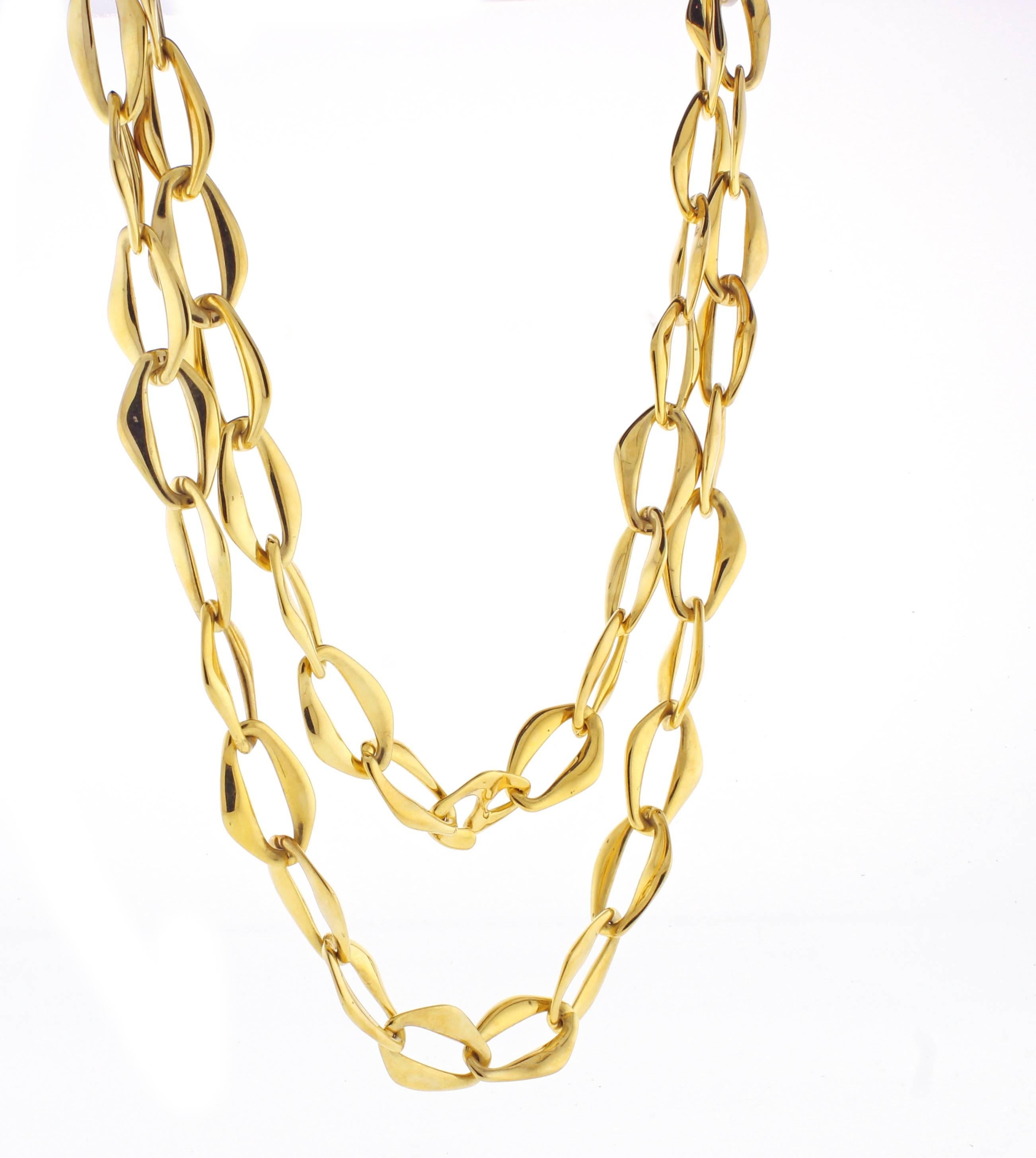 From  Elsa Peretti for Tiffany and Co., her Aegean toggle necklace  Each link has edges smoothed as though by the waves of a vast sea. Necklace in 18 karat. 30