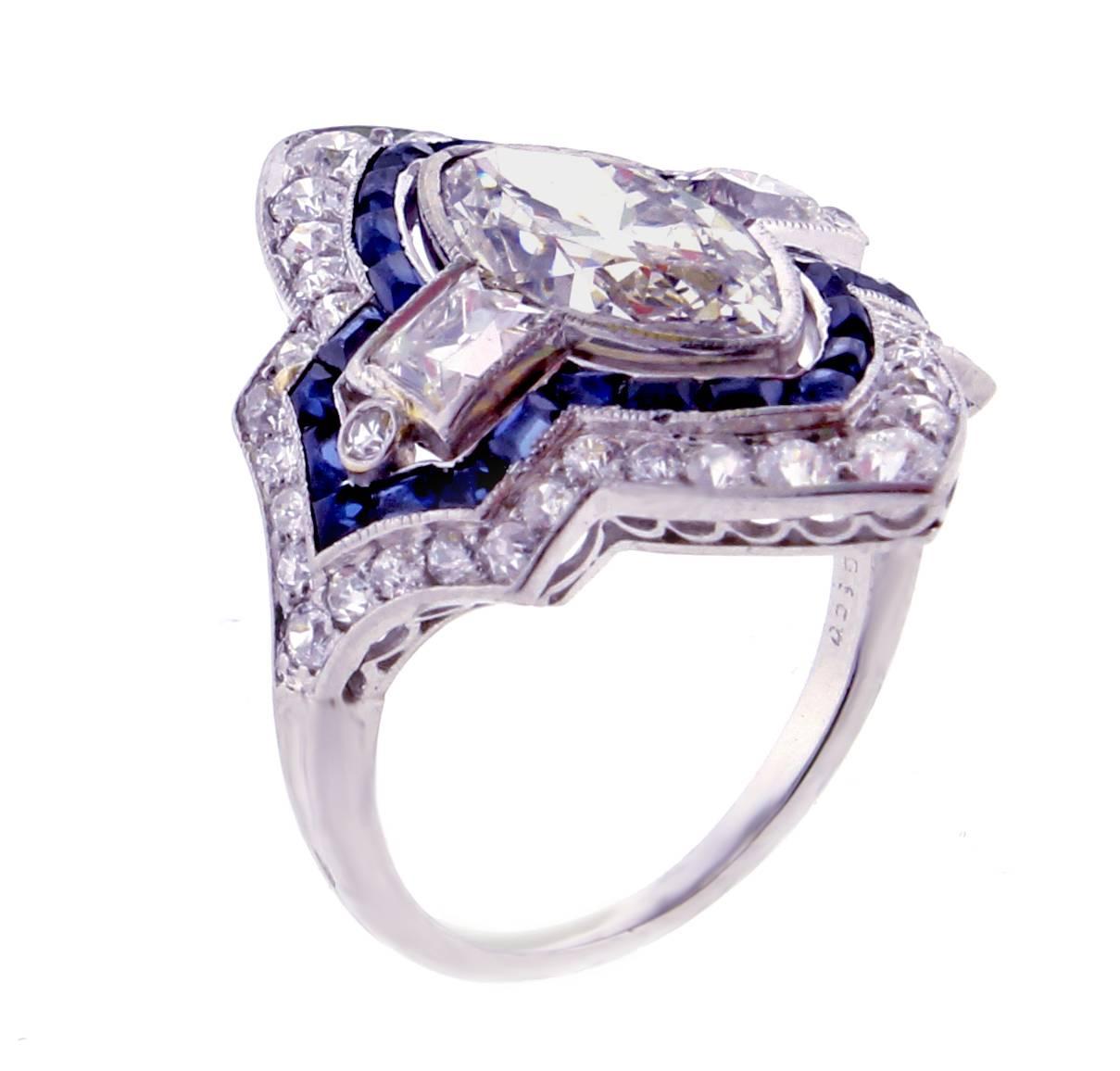 Art Deco Marquise Diamond and Sapphire Ring In Excellent Condition In Bethesda, MD