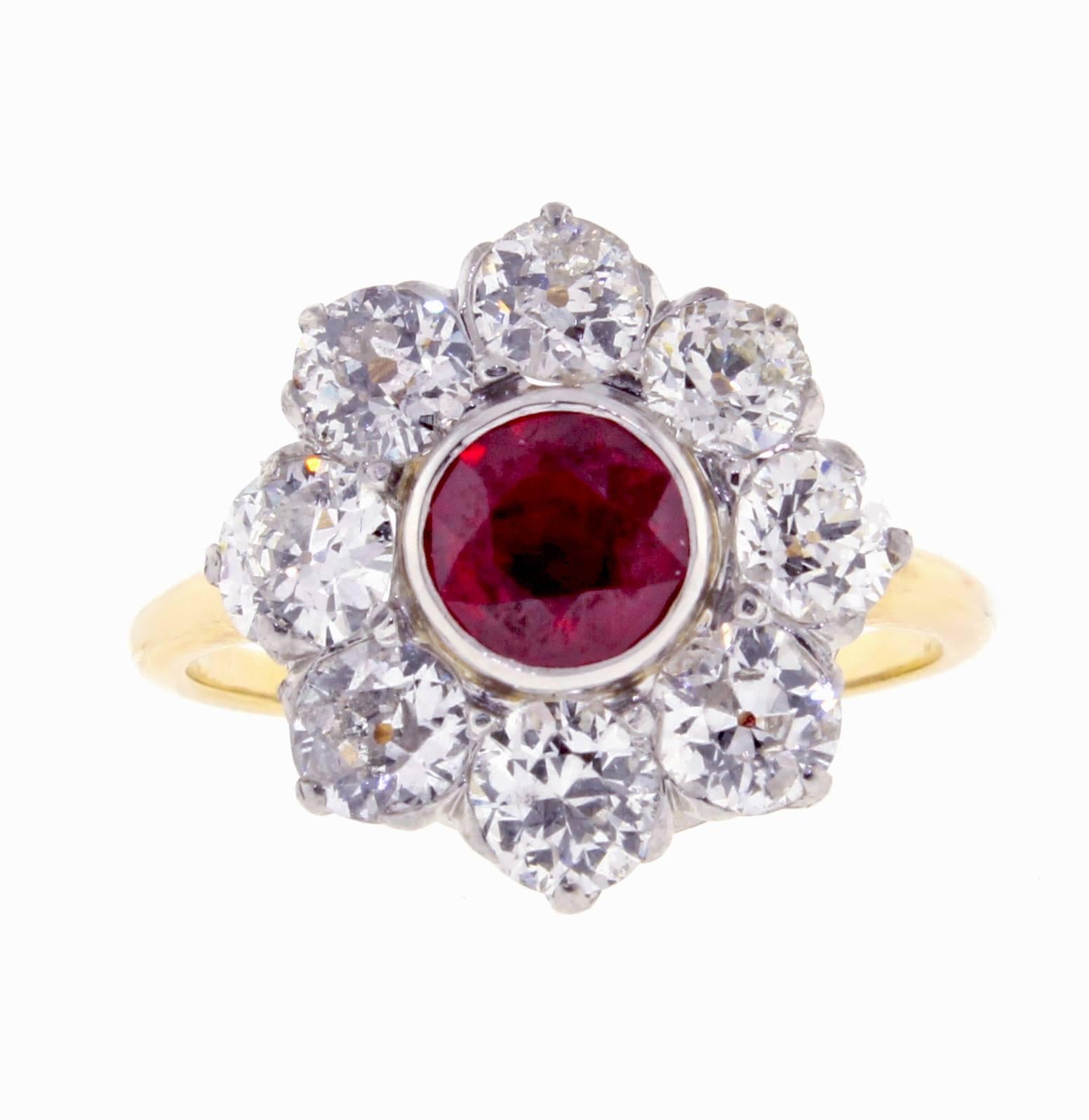Antique Ruby And Diamond Cluster Ring In Excellent Condition In Bethesda, MD