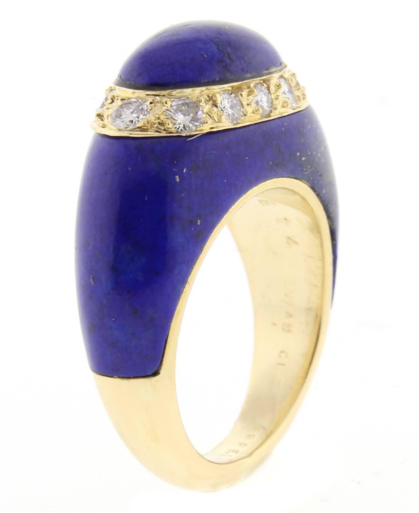  Classic 1960s 18 karat gold dome ring set with lapis and diamonds. The lapis is a deep celestial blue with golden flex. The 12 brilliant diamonds weigh approximately .30 carats. Made in France, signed Van Cleef & Arpels number 5V63824. 9.2mm