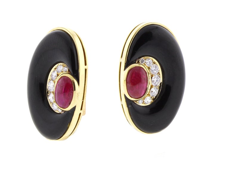 Bvlgari Diamond, Black Onyx and Ruby Earring For Sale at 1stdibs