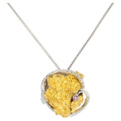 24 Carat Gold Nugget with Pink and White Diamond Pendant in 18 Carat White Gold