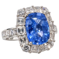 Ceylon Sapphire Diamond Halo Ring, 5.14ct Cushion Cut, 18K White Gold