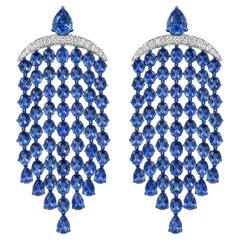 Diamond Chandelier Sapphire Earrings, 57.76 Carat Platinum Natural Blue Ceylon