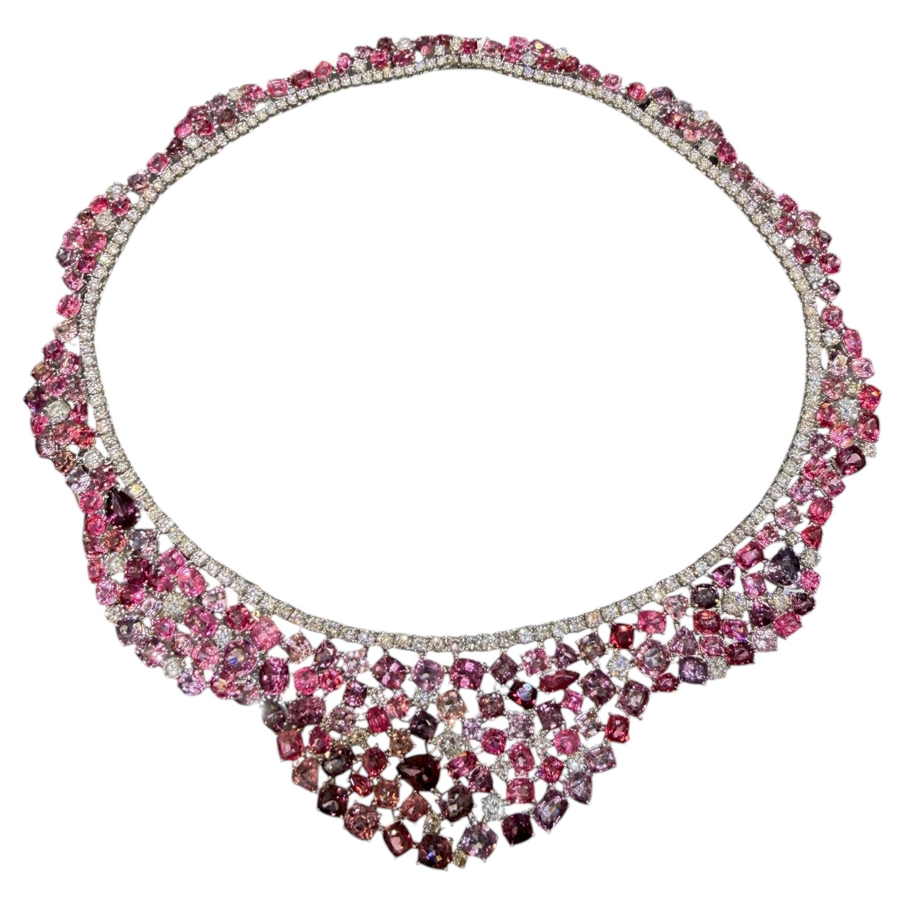 Diamond Collar Necklace 108 carat Natural Burma Pink Spinel Diamond Platinum Bib