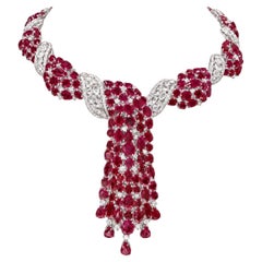 Luxury Burmese Ruby, Diamond Drop Necklace, 92.36ct, 18K White Gold