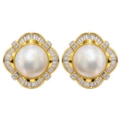 Mabe Pearl Diamond Ballerina Earrings 4.00Ct, Yellow Gold Baguette Diamonds