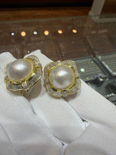 Mabe Pearl Diamond Ballerina Earrings 4.00Ct, Yellow Gold Baguette Diamonds