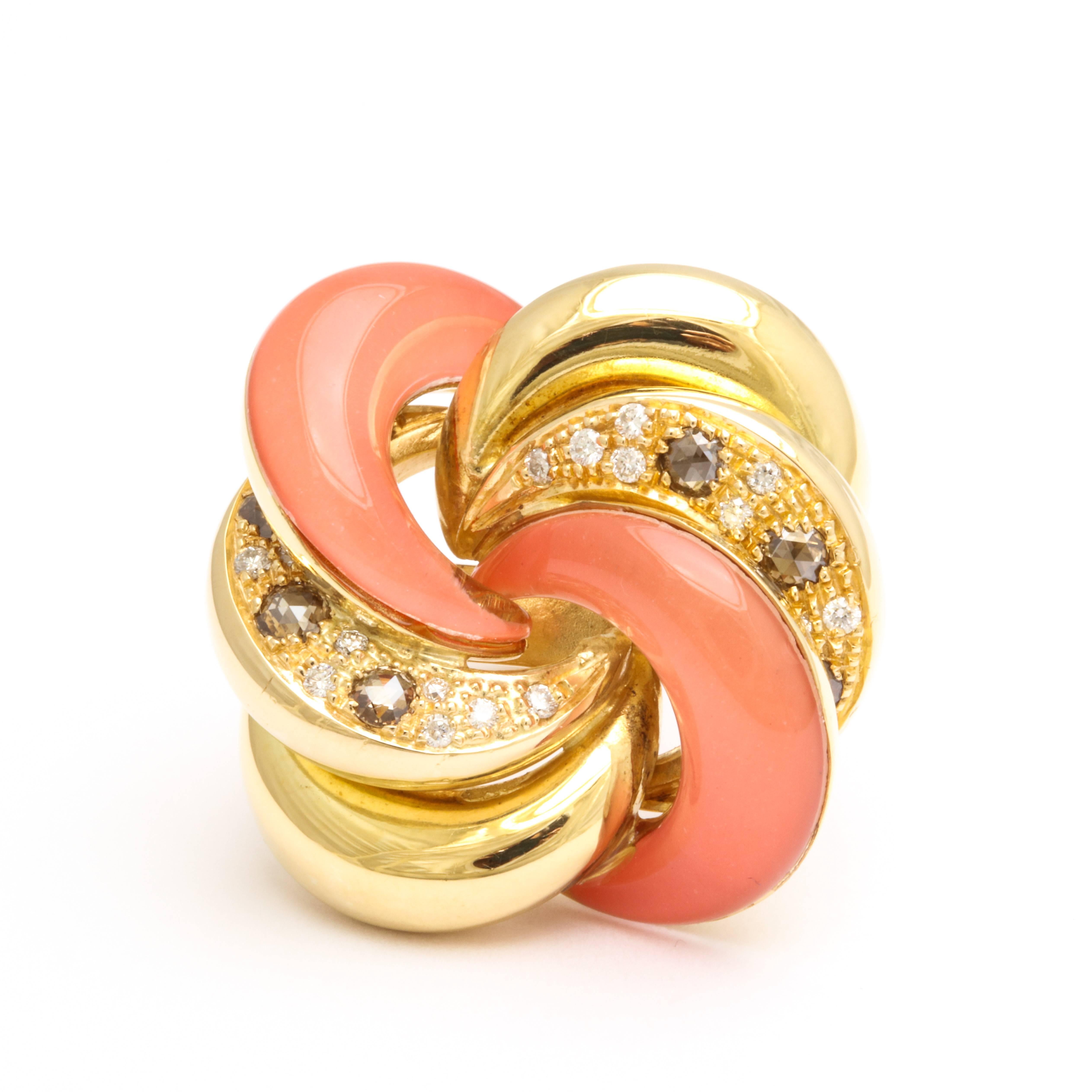 18k Italian yellow gold ring set with coral stones, rose cut and white diamonds.