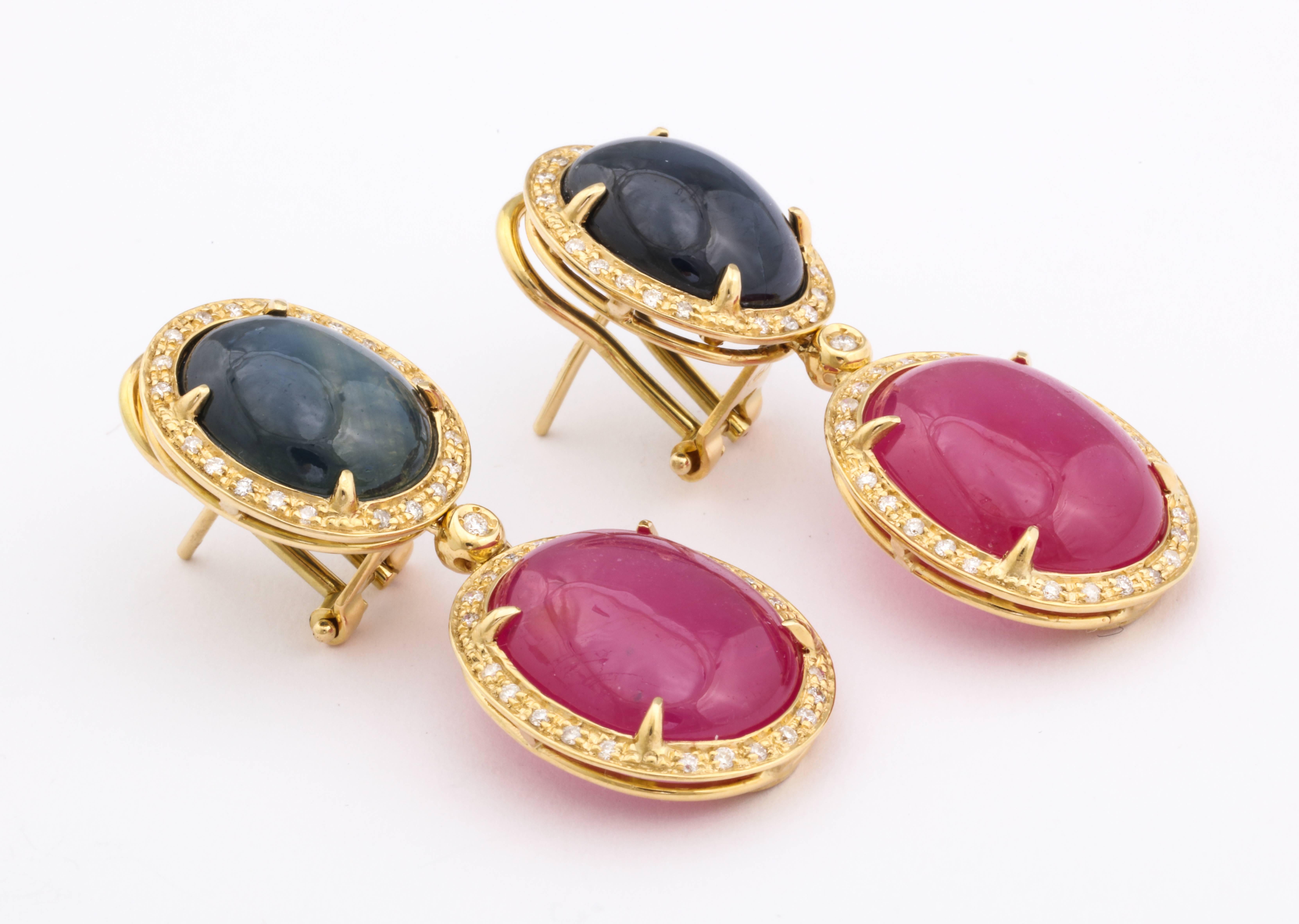 Modern Faraone Mennella Blue Star Sapphire Ruby Diamond Gold Drop Earrings For Sale