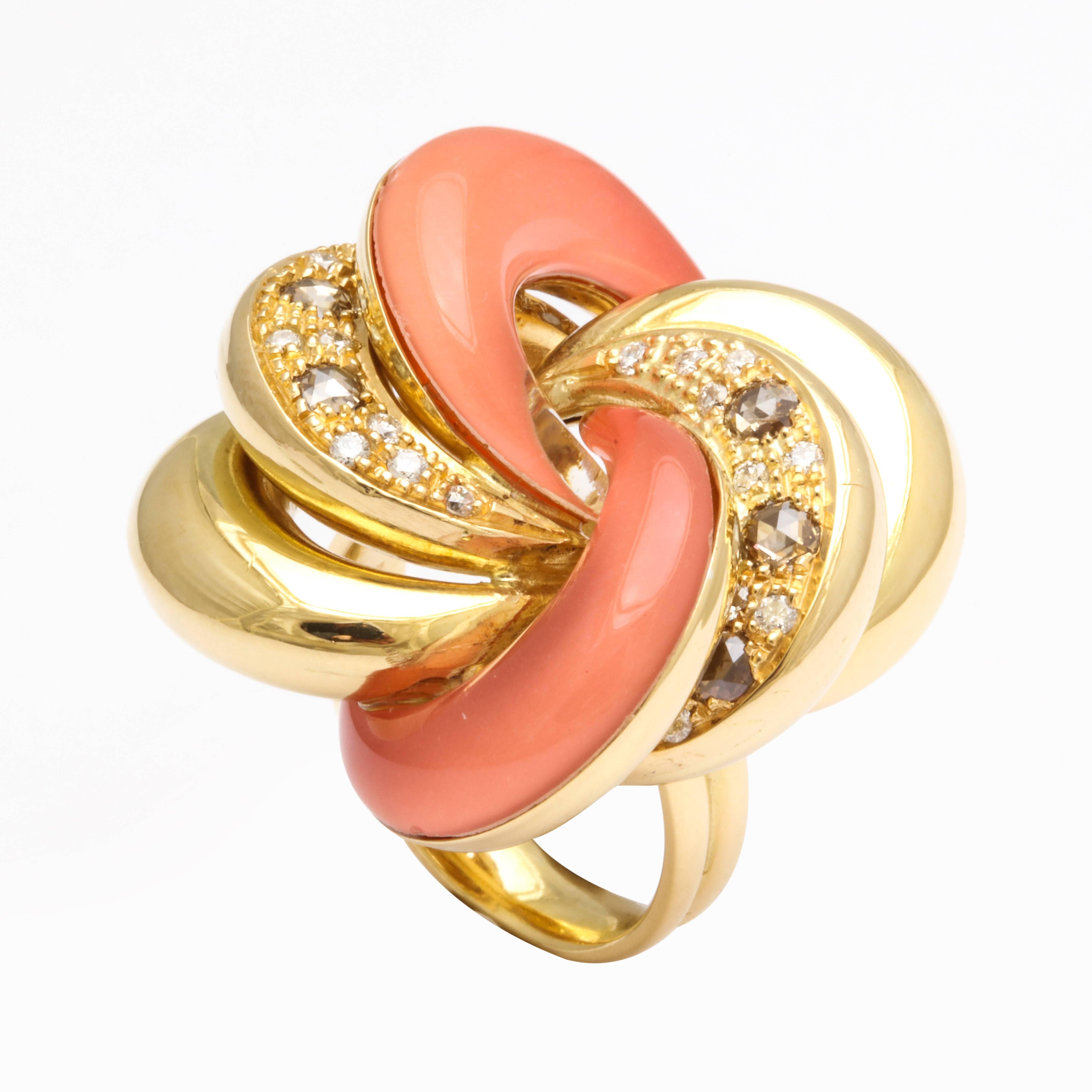Faraone Mennella Roselline Coral Diamond Gold Ring In New Condition For Sale In New York, NY