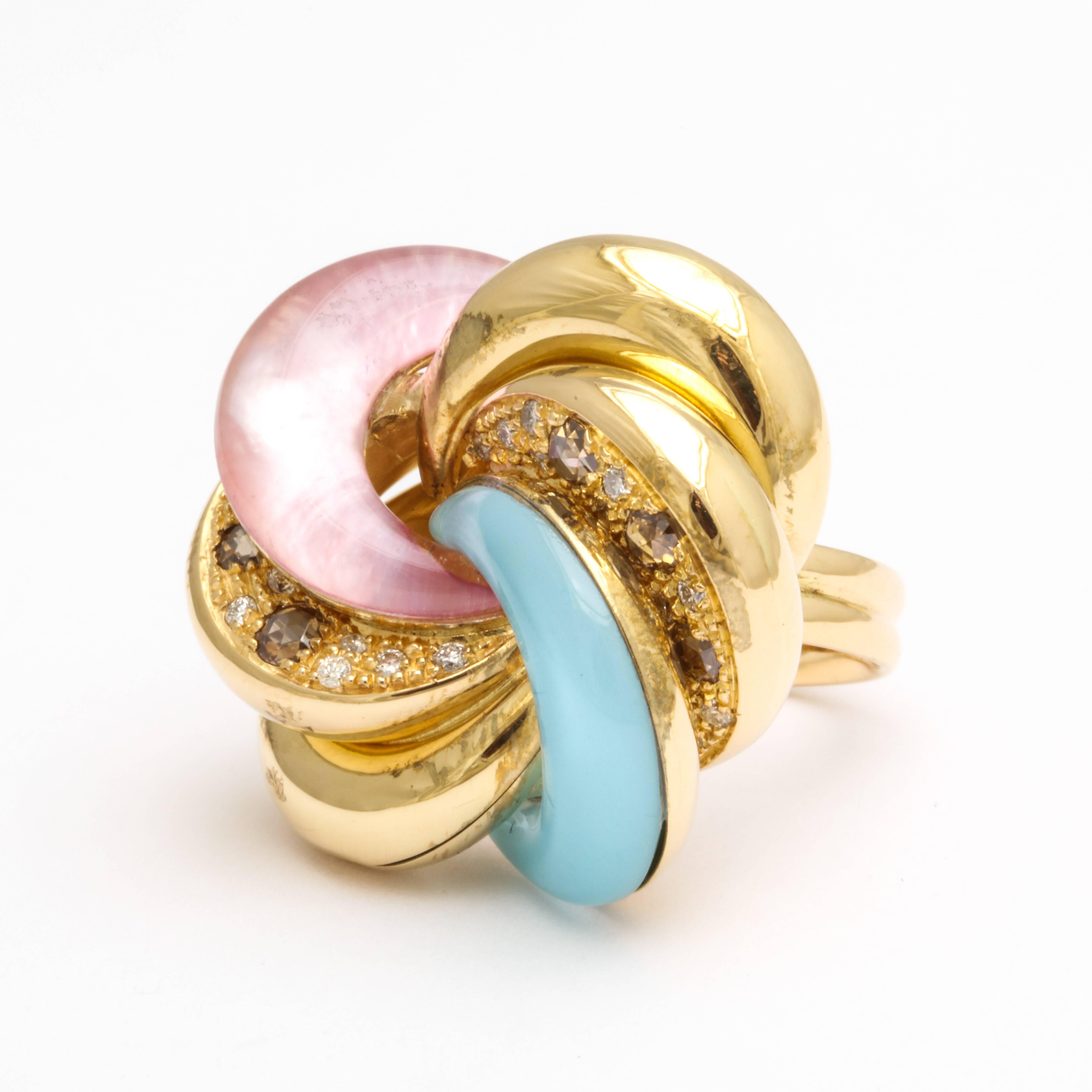 18k yellow gold, rose quartz and turquoise ring with rose cut and white diamonds.