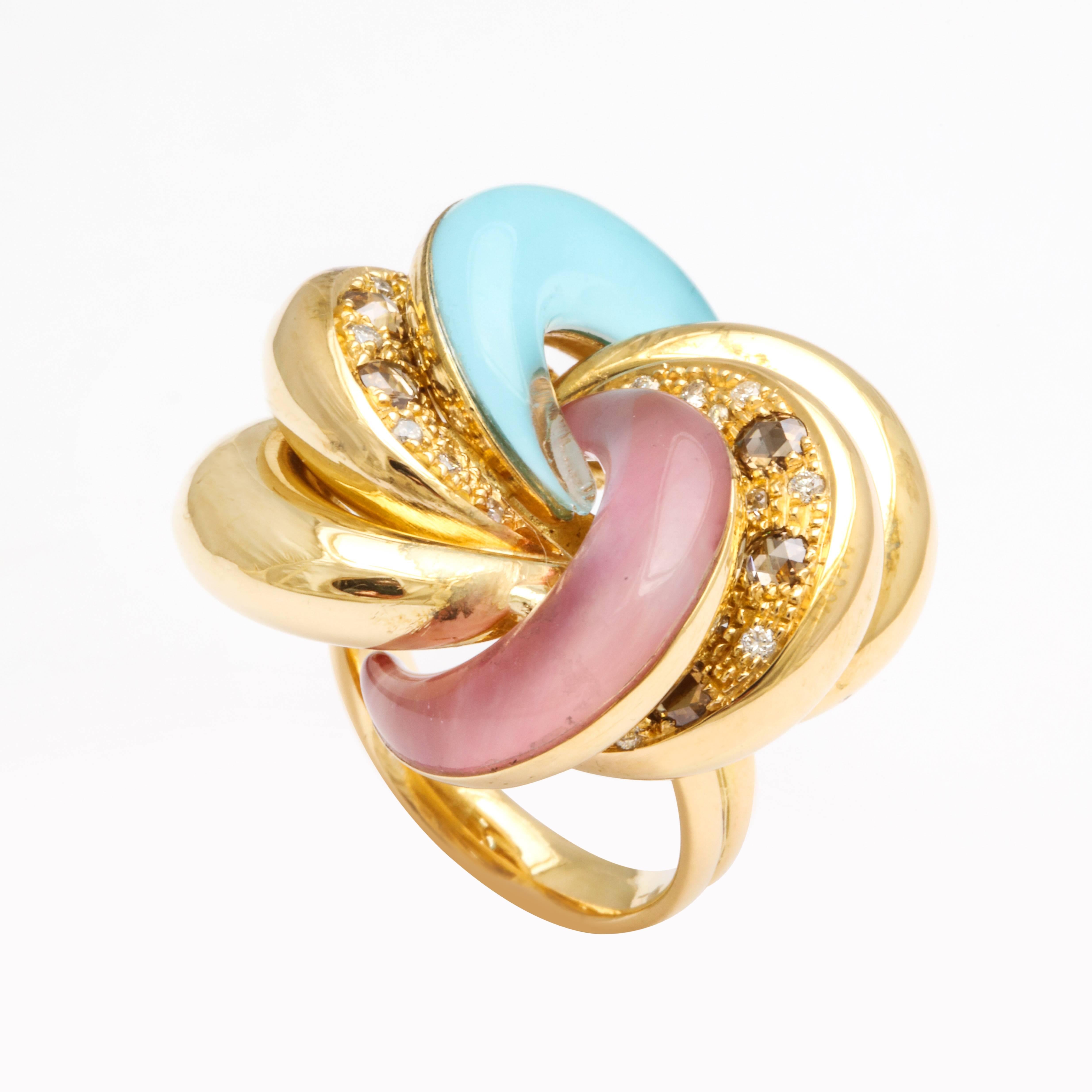 Faraone Mennella Roselline Rose Quartz Turquoise Yellow Gold Ring In New Condition For Sale In New York, NY