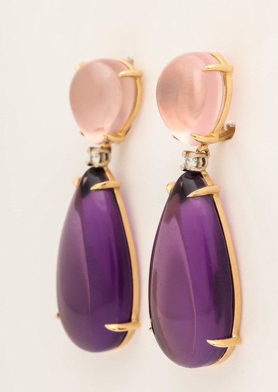 18kt yellow gold, pink quartz and amethyst drop earrings with white diamonds.