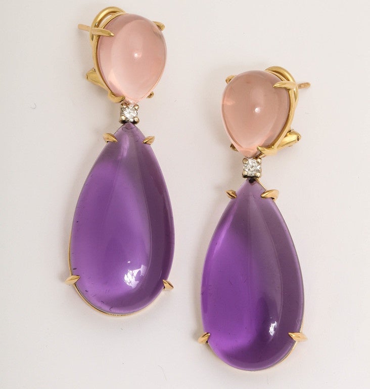 Faraone Mennella Couture Pink Quartz Amethyst Gold Drop Earrings In New Condition For Sale In New York, NY