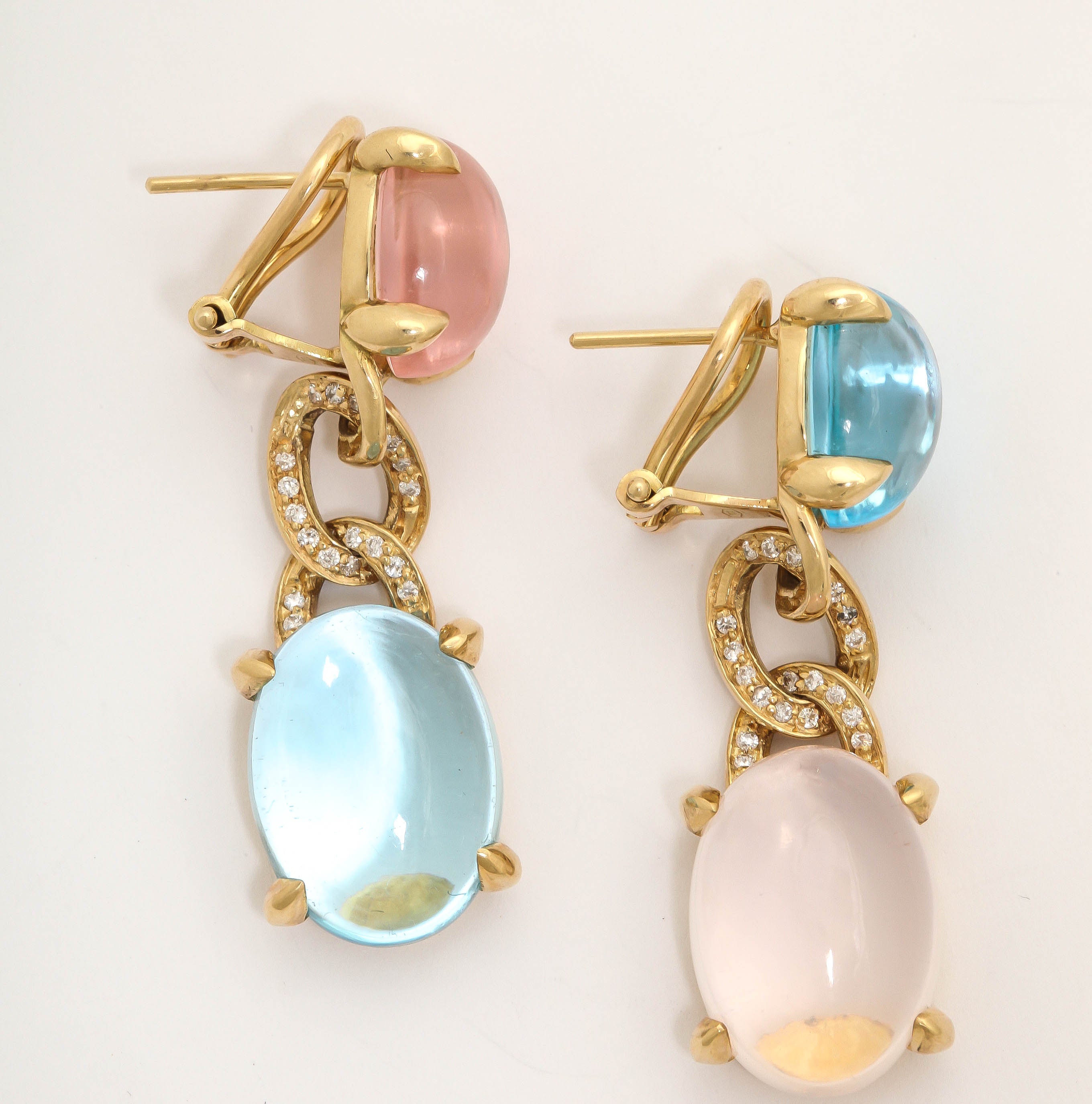 Faraone Mennella Blue Topaz Rose Quartz Diamond Gold Drop Earrings In New Condition In New York, NY