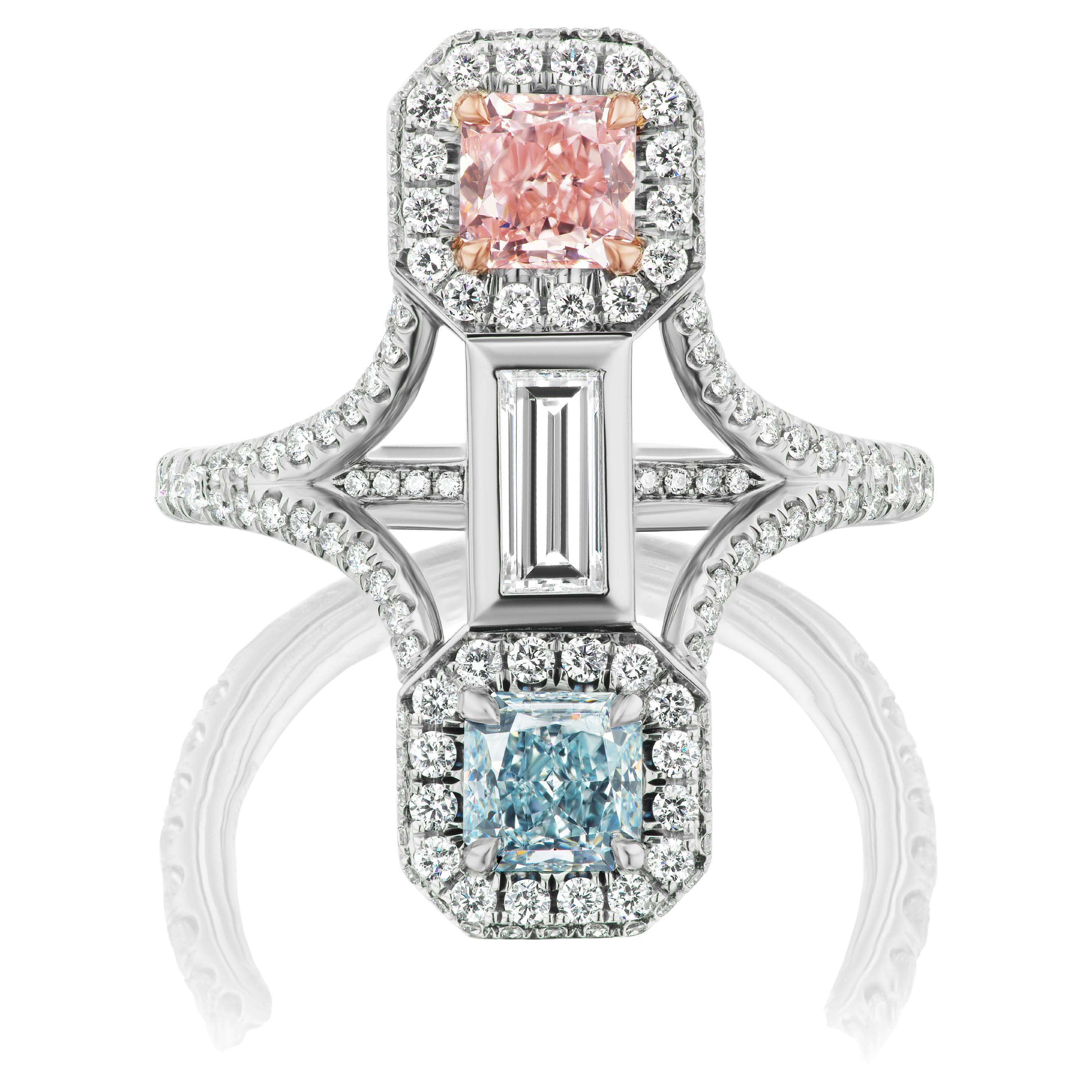 GIA Certified .50 Natural Pink and .53 carat Natural Blue Diamond Platinum Ring  For Sale