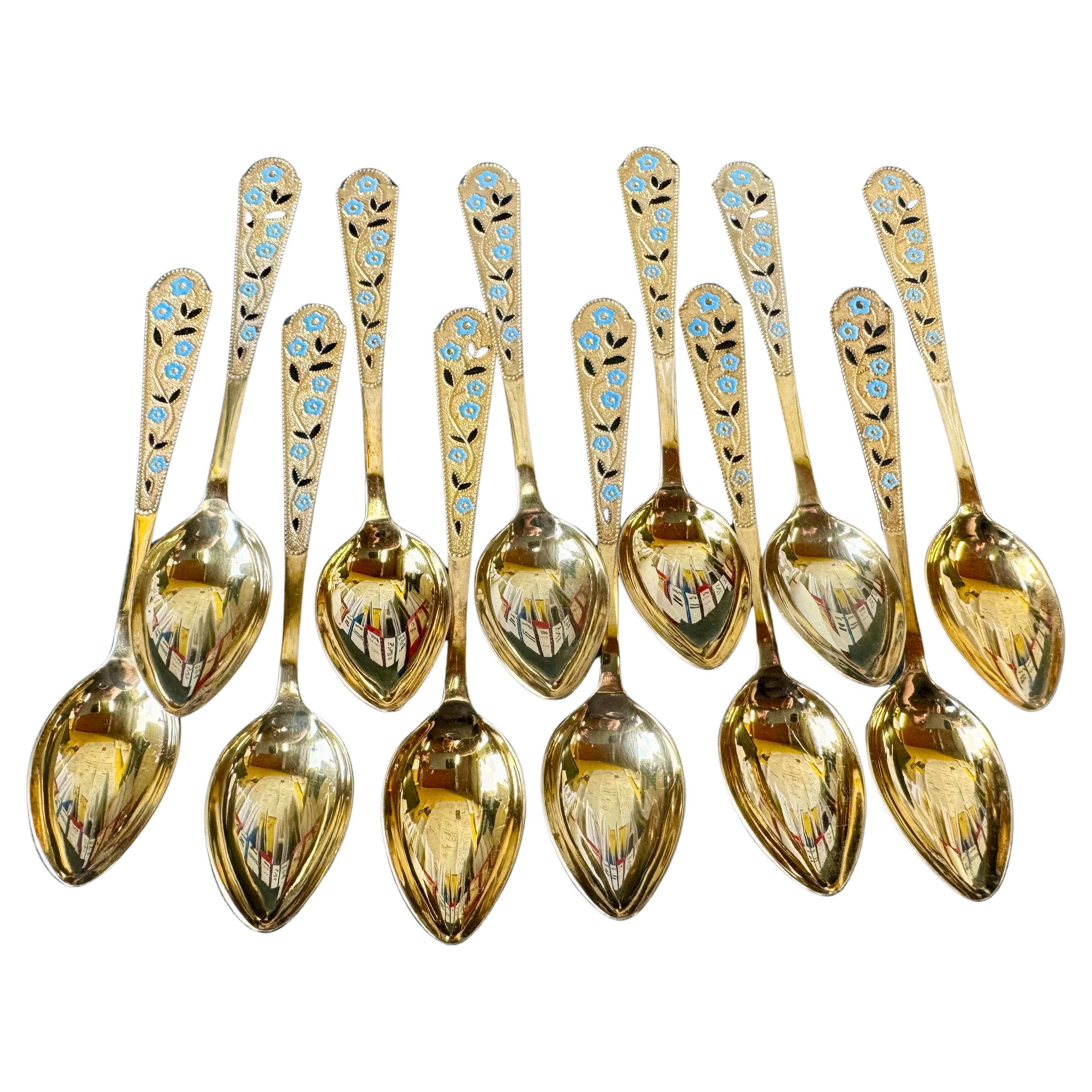 Set of 12 Russian Enamel Spoons Fine and Rare Soviet Silver Spoons