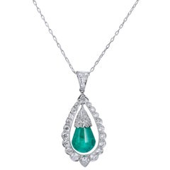 7.17 Carat Cabochon Emerald Diamonds Platinum Drop Pendant