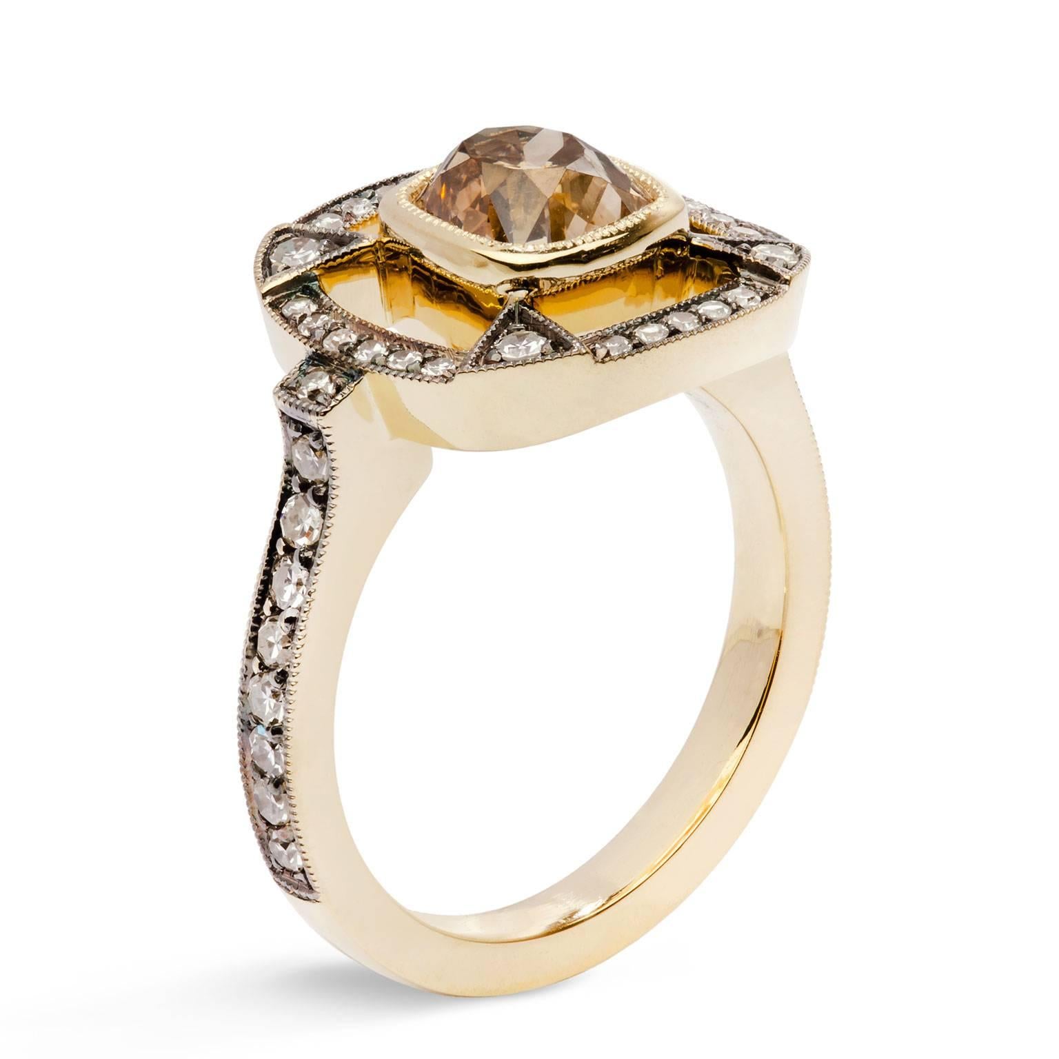 1.51 Carat Orange Brown Cushion Cut Diamond 18 Karat Gold Halo Ring In New Condition In Miami, FL