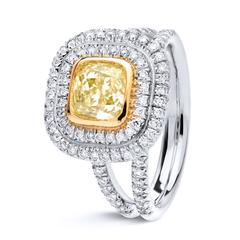 GIA 1.03 Carat Fancy Yellow Cushion Cut Diamond Pave Diamond Gold Ring  6.25