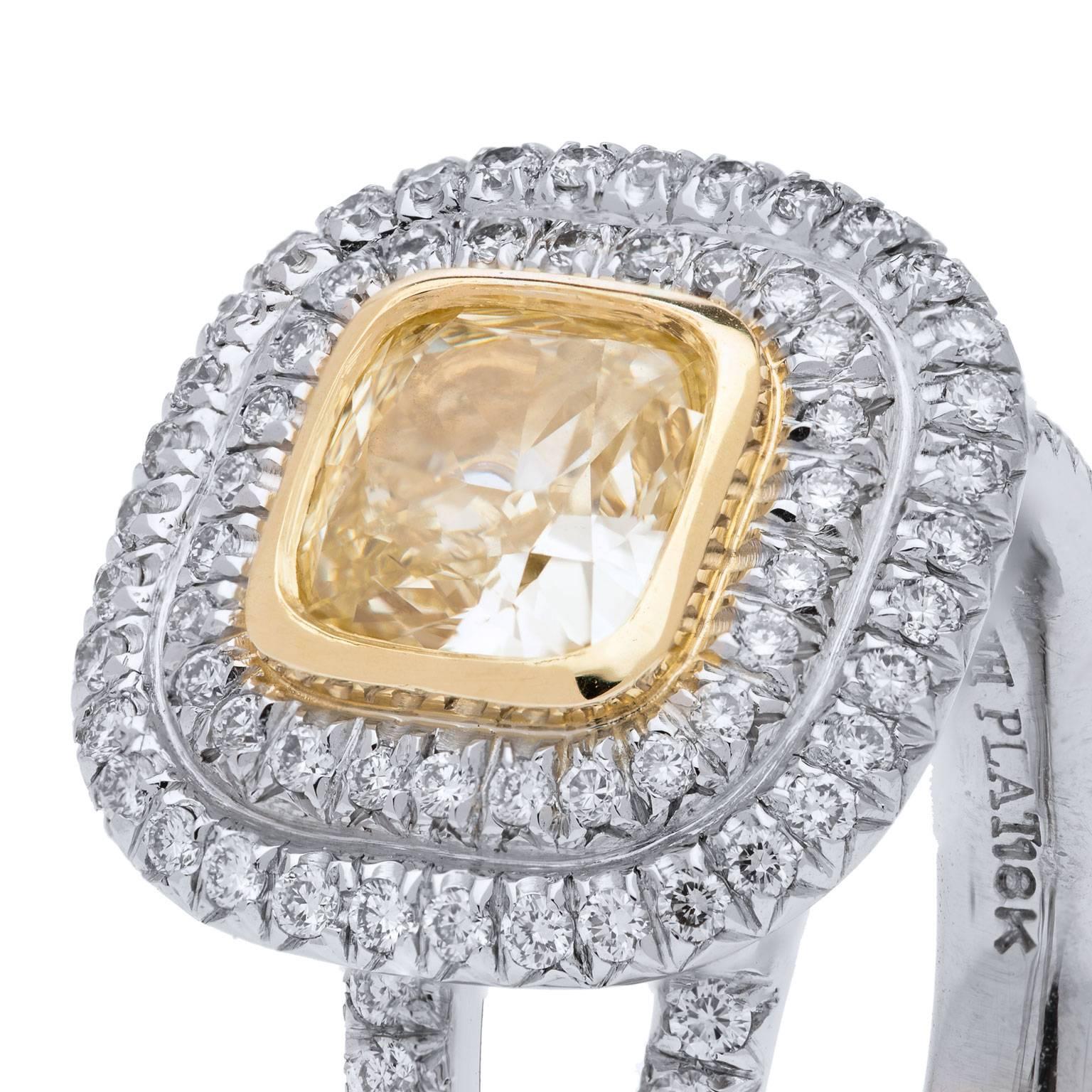 Women's GIA 1.03 Carat Fancy Yellow Cushion Cut Diamond Pave Diamond Gold Ring  6.25 For Sale