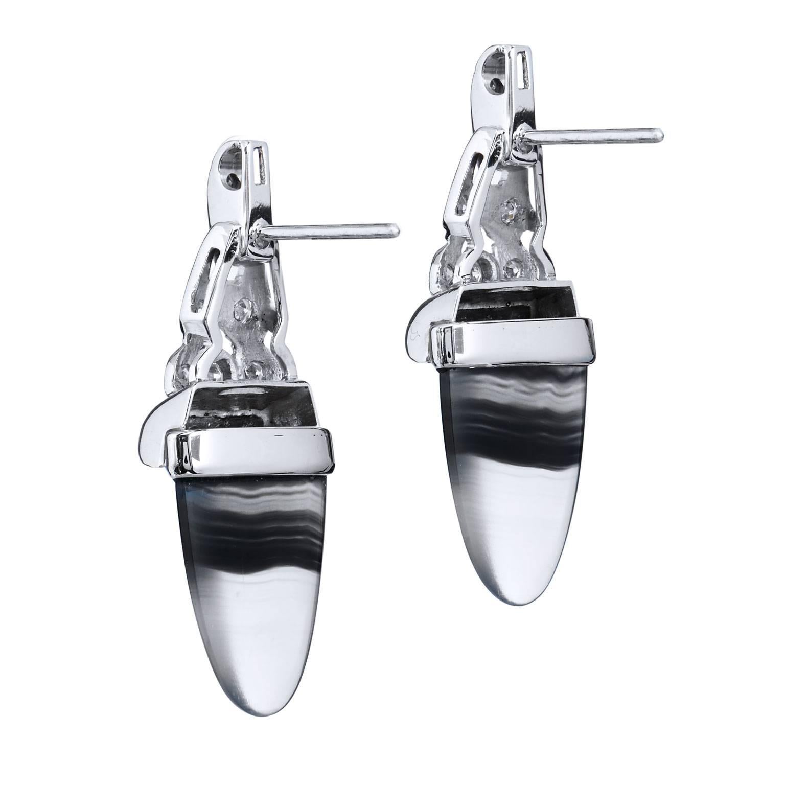 Single Cut Art Deco Style Up-Cycled Banded Agate Diamond Platinum Earrings For Sale