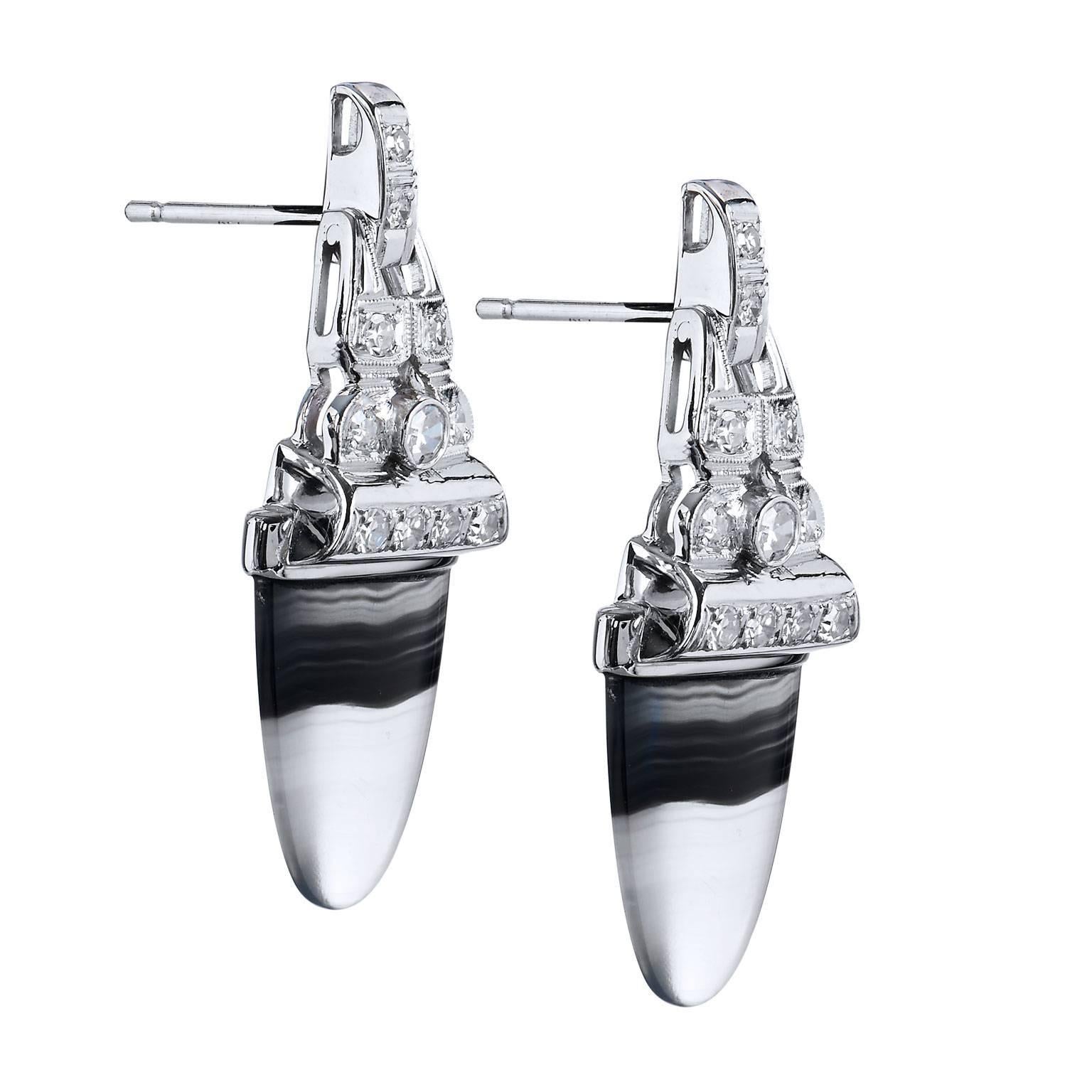 These luscious earrings are designed and created by H&H. 

Art Deco Style Up-cycled Banded Agate Diamond Platinum Earrings are a marriage of Art Deco elements and modern cut gemstones. 

Innovative and stylishly, these beautiful earrings have been