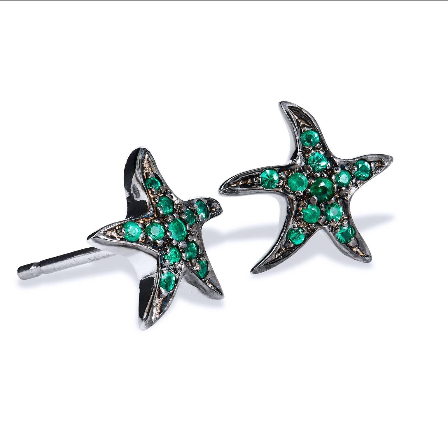 A gift from the sea, this pair of 18 KT white palladium starfish earrings features 22 pieces of fine emeralds pave set with a black rhodium finish.
Hand-made. One of a kind. Available now, and only at H&H Jewels

