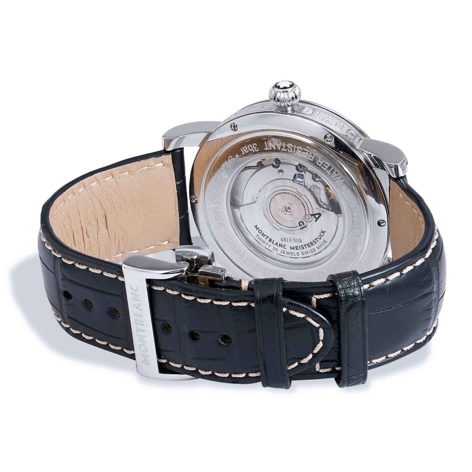 The SS Mont Blanc Star Steel Collection 42 MM automatic retrograde, 30 jewel black dial, black alligator strap wristwatch is an elegant and sleek timepiece. With classic arabic numerals to increase clarity, this wristwatch is a great edition for