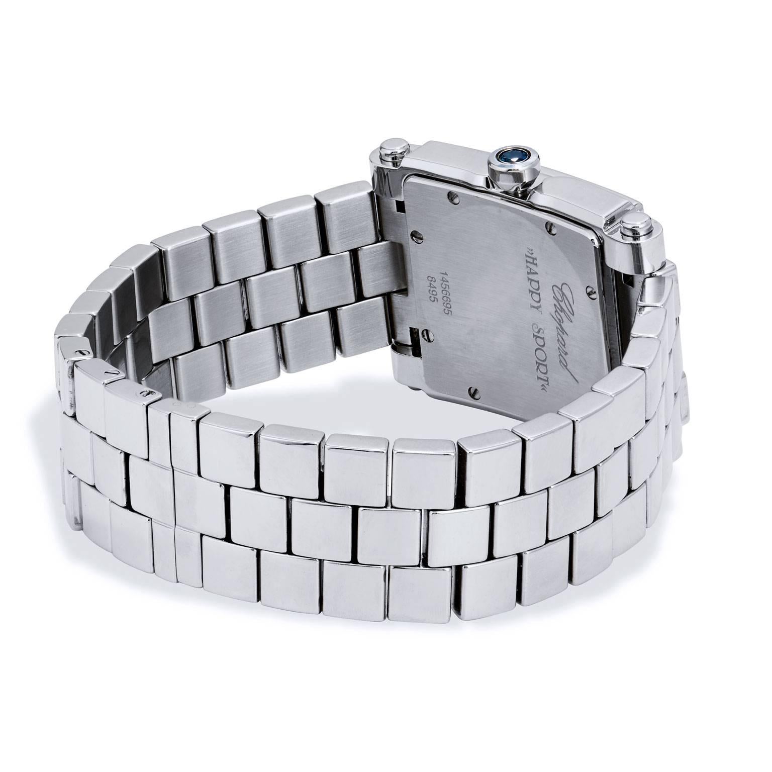 The SS Chopard Happy Collection Sport quartz with white dial and 0.17 ct sapphire and 0.39 ct SS bracelet reflects the exuberance and timelessness of Chopard. The whimsical and flirty spirit of this timepiece celebrates the beauty of every woman. 