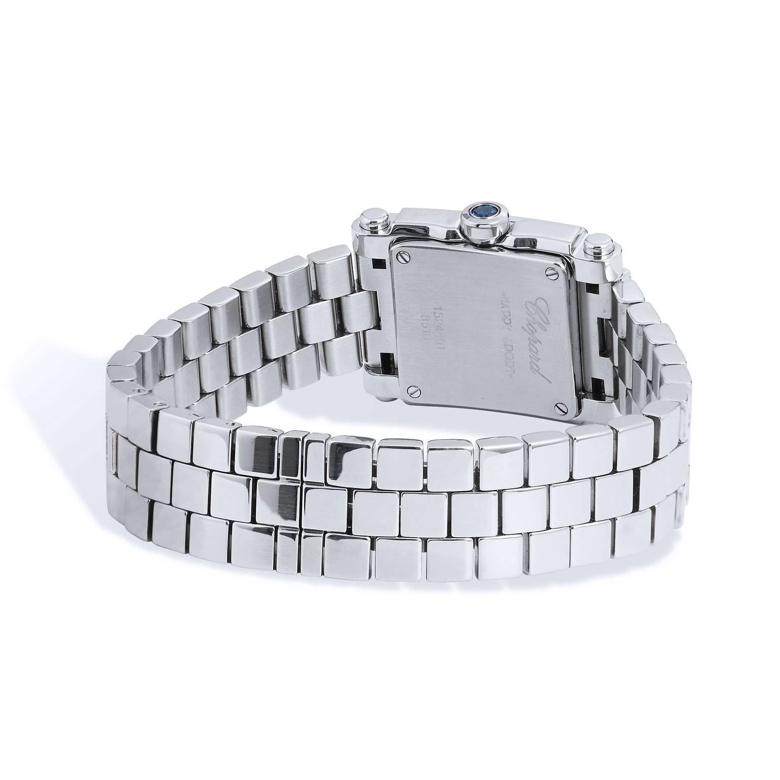 The Chopard SS Happy Collection Sport quartz with MOP dial, 0.48 ct diamond bezel, 0.14 ct blue sapphire and 0.15 ct moving diamonds with SS bracelet is modern, flirty and fun. The square structure of the diamond set bezel sends a statement of