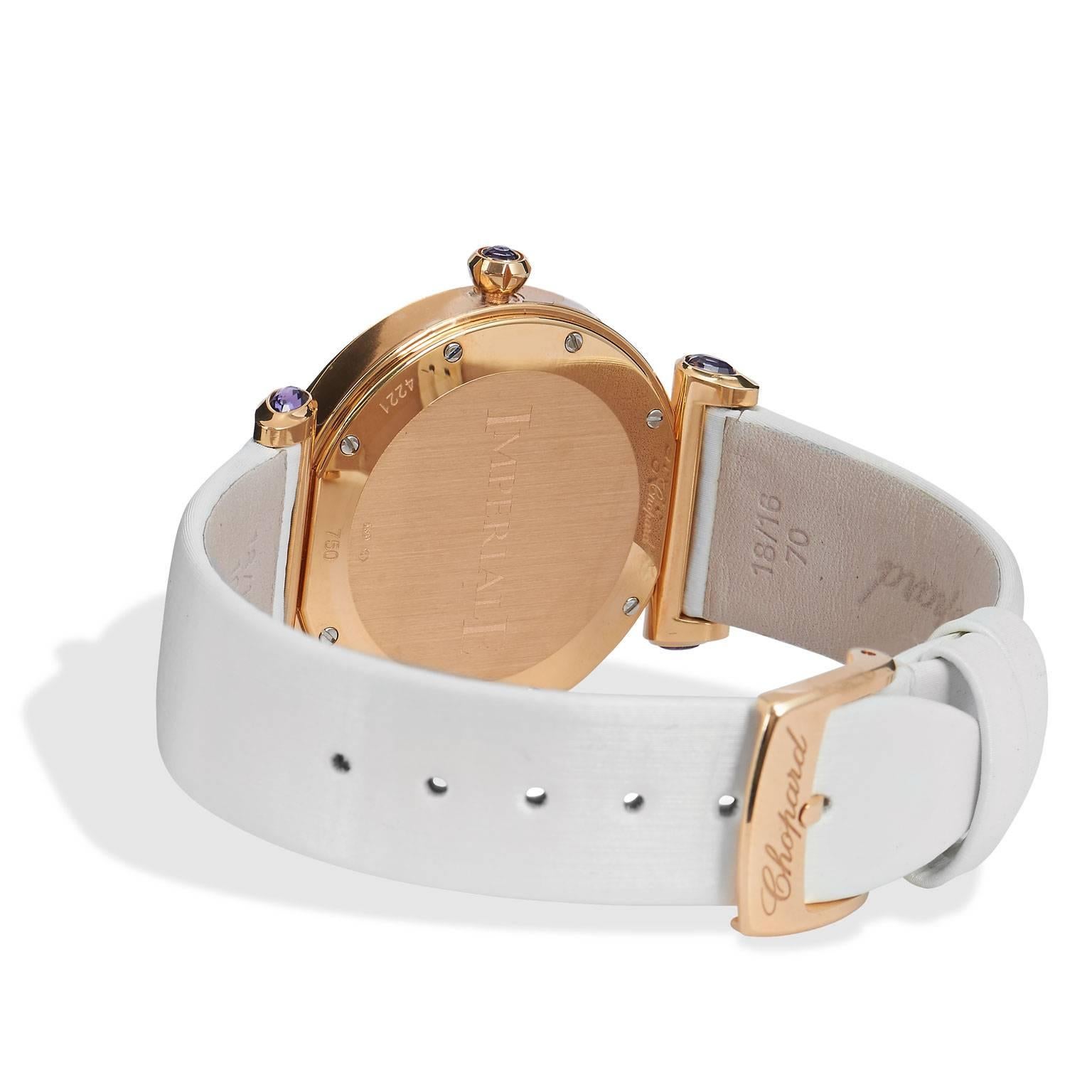 Excite passion and confidence with one 18 kt rose gold and diamond Chopard, Imperiale Collection watch. Arouse innate magnetism as 2.27 ct diamonds glimmer around a silver MOP dial while 0.58 amethyst cabachons adorn the timepiece. Afixed to the